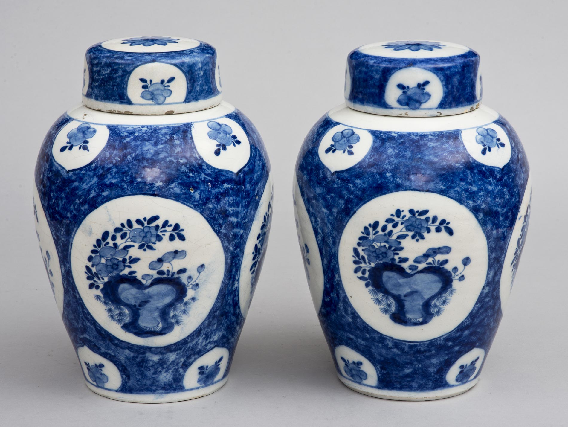 Pair Dutch Delft Blue and White Vases and Lids, 18th Century
