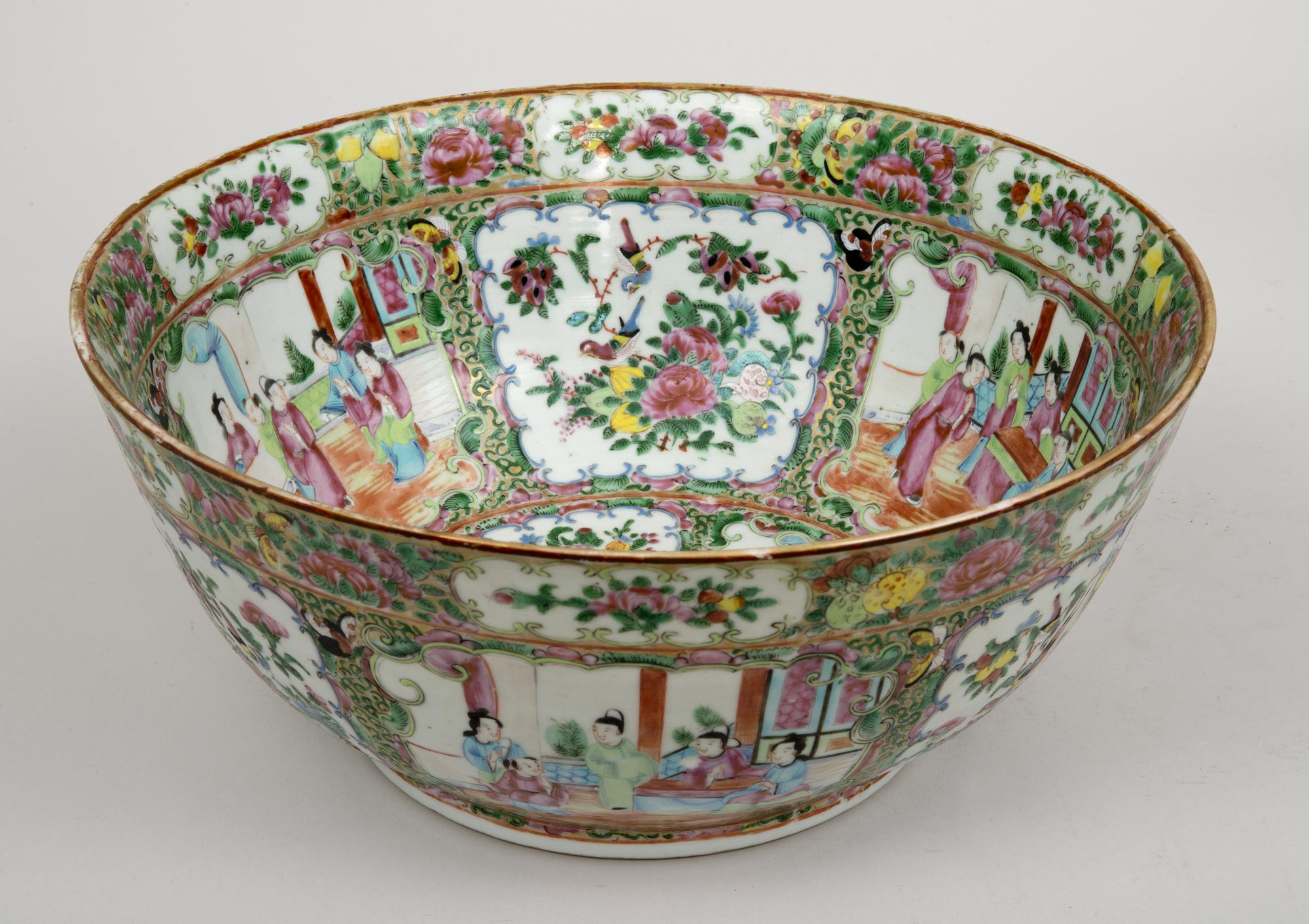 Antique Chinese Canton Rose Medallion Punch Bowl, Circa 1850