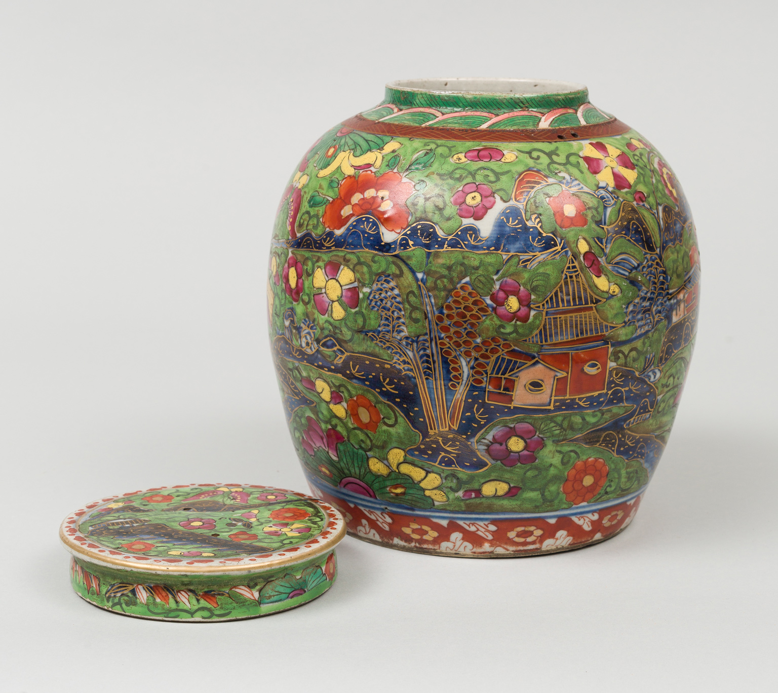 Chinese Clobbered Vase and Lid, Circa 1800