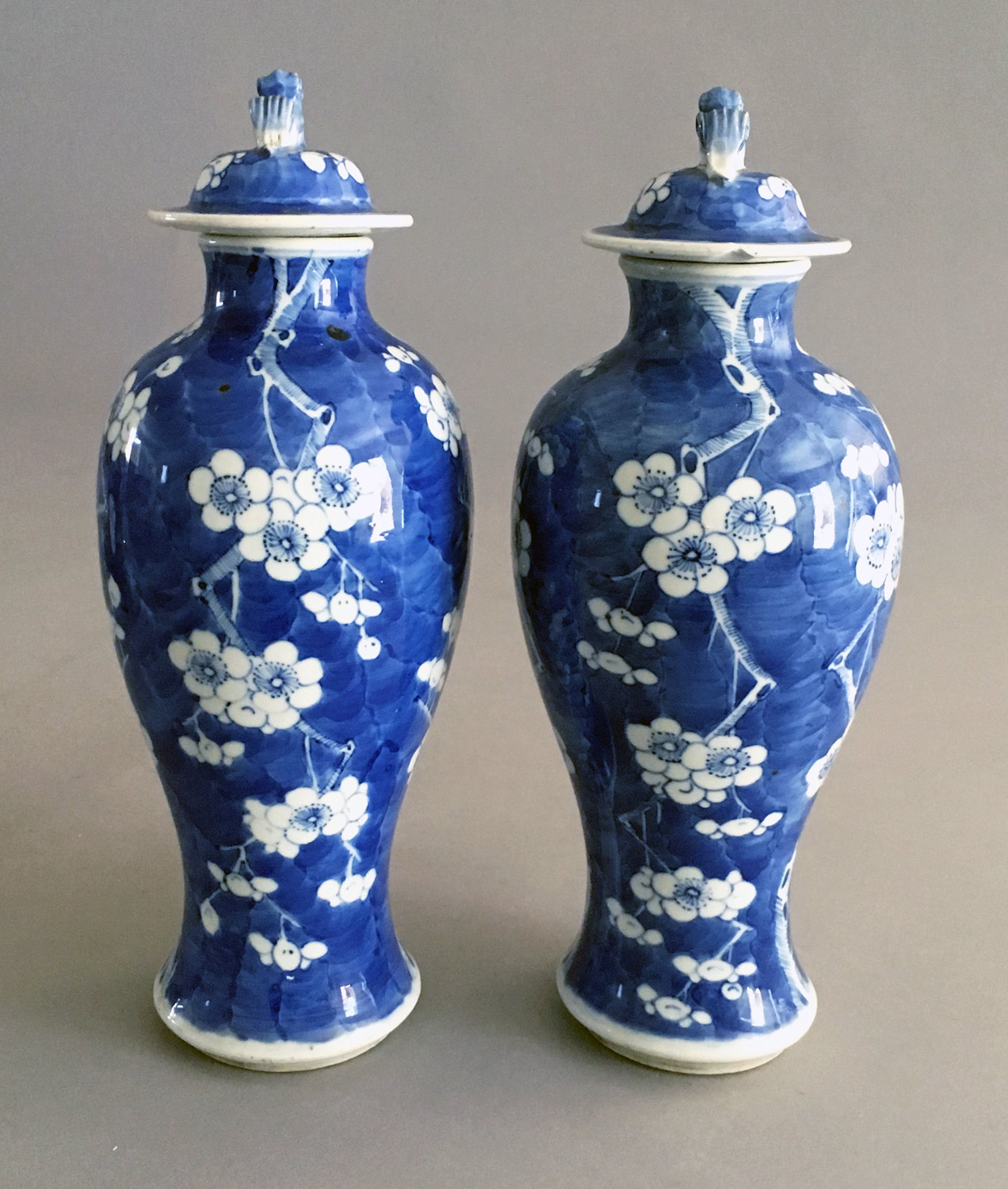 Pair Chinese Blue & White Prunus Pattern Vases & Lids