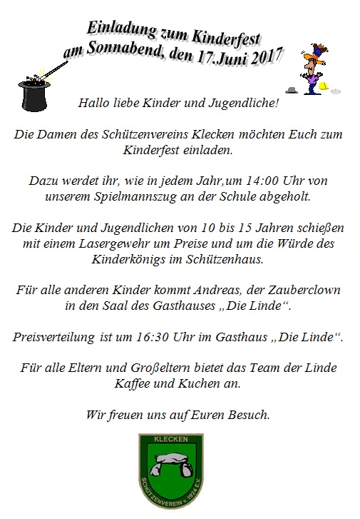 Einladung zum Kinderfest am Schützenfest SV Klecken