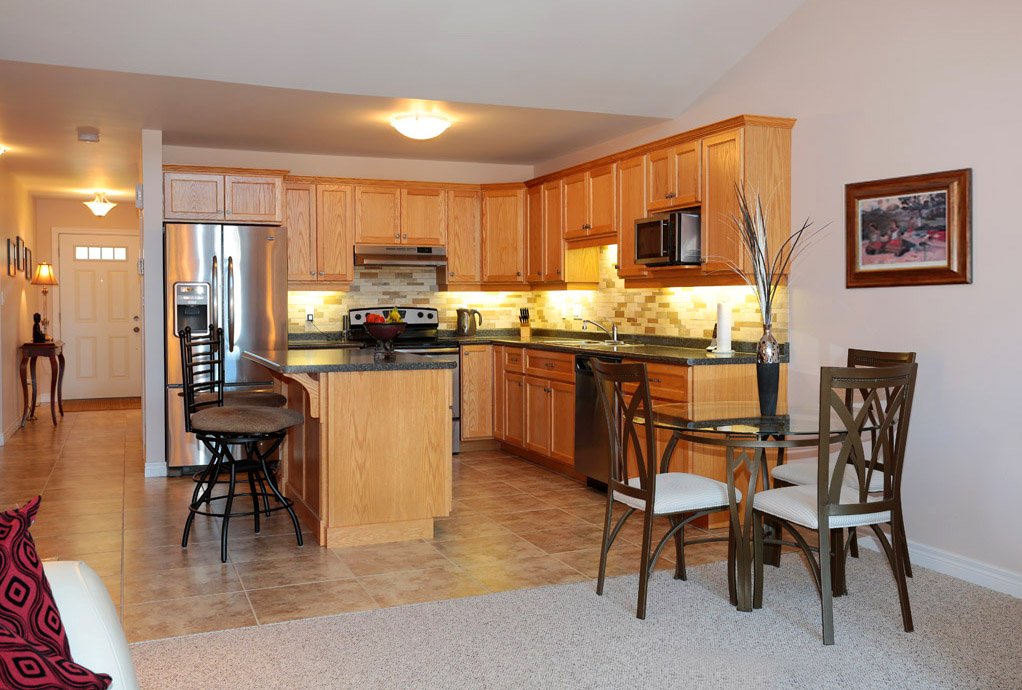 Open concept kitchen seniors retirement condos Sharon Village Care Homes