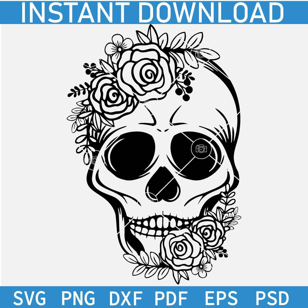 Happy Skull with color Rose Flower Crown SVG, Colored Rose Flower Crown
