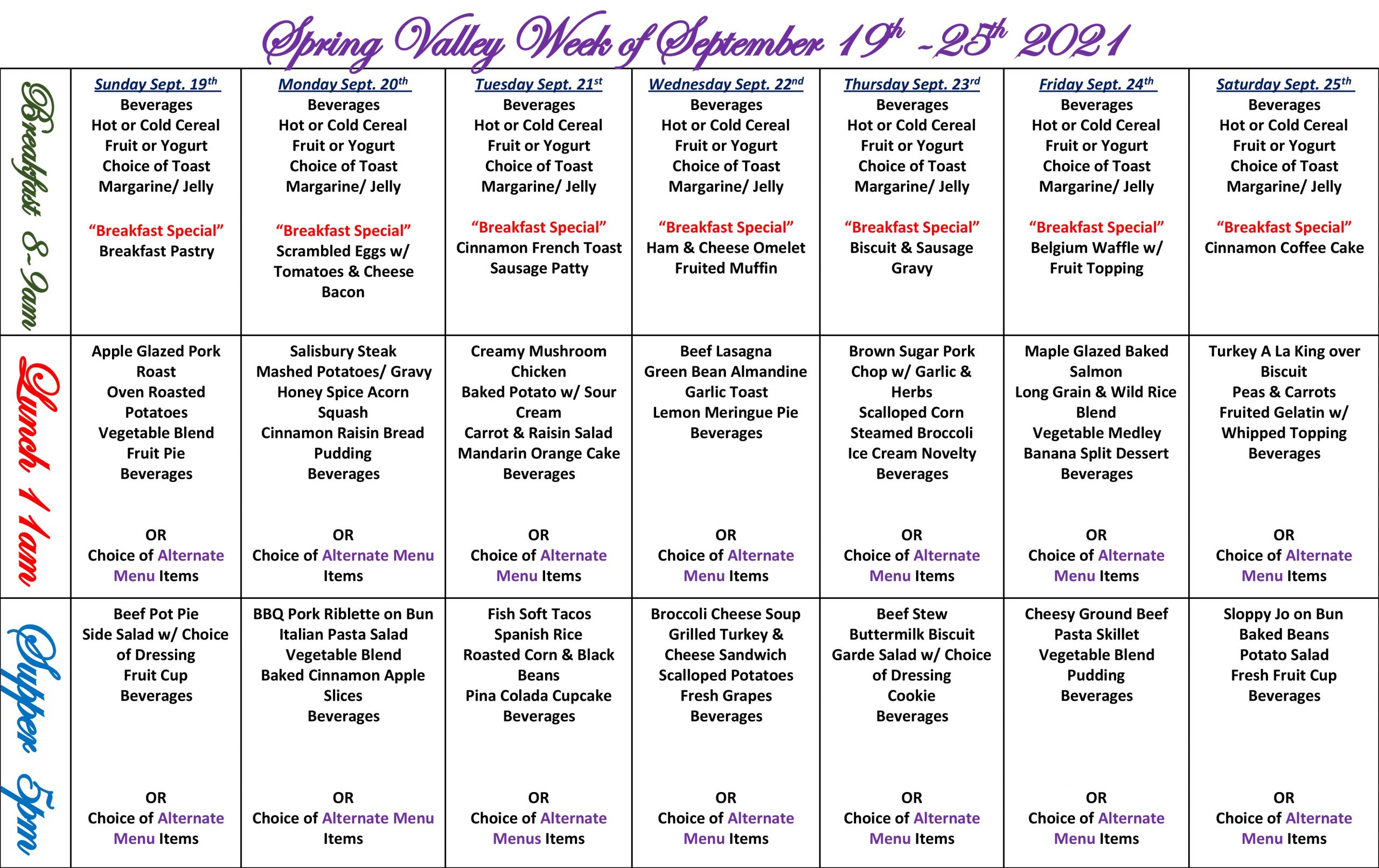 September 2021 Dining Menus Spring Valley Senior Living and Health