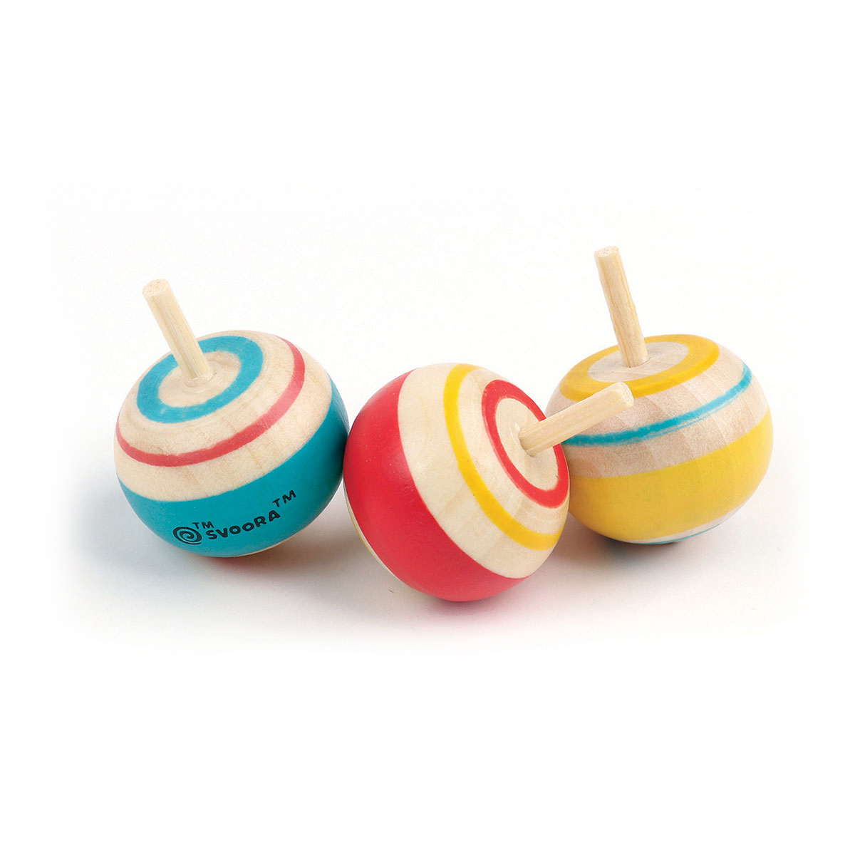 Round Wooden Spinning Tops 'CLASSIC' in 3 colourful designs SVOORA