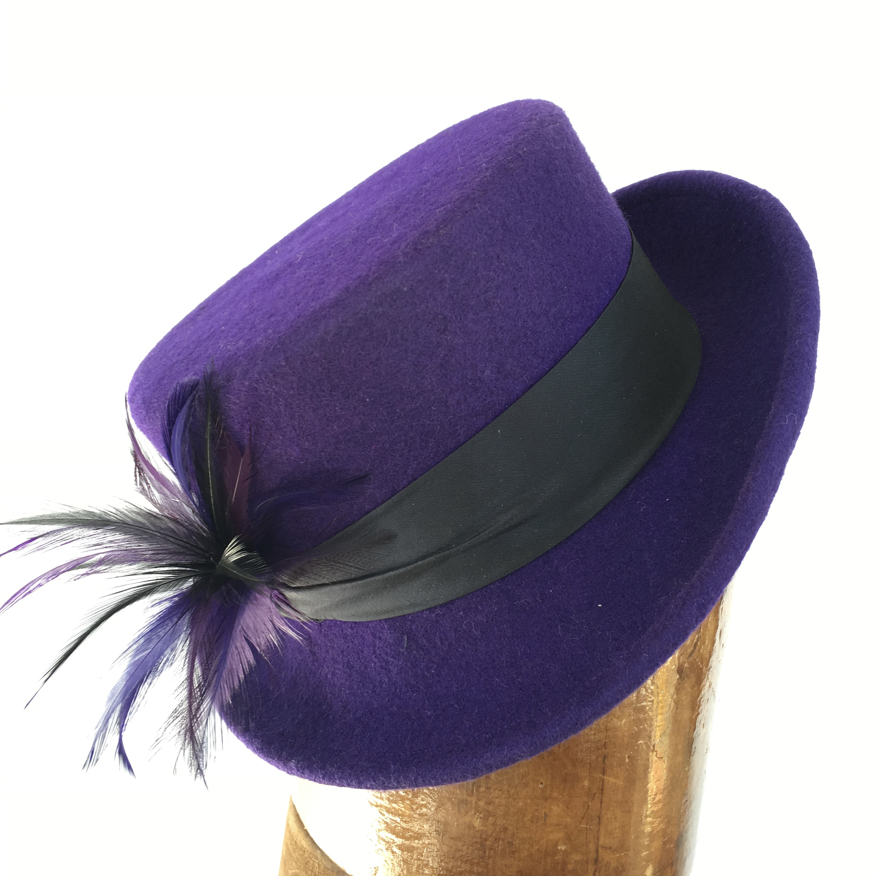 Purple wool hat, top hat with feathers, women’s fedora