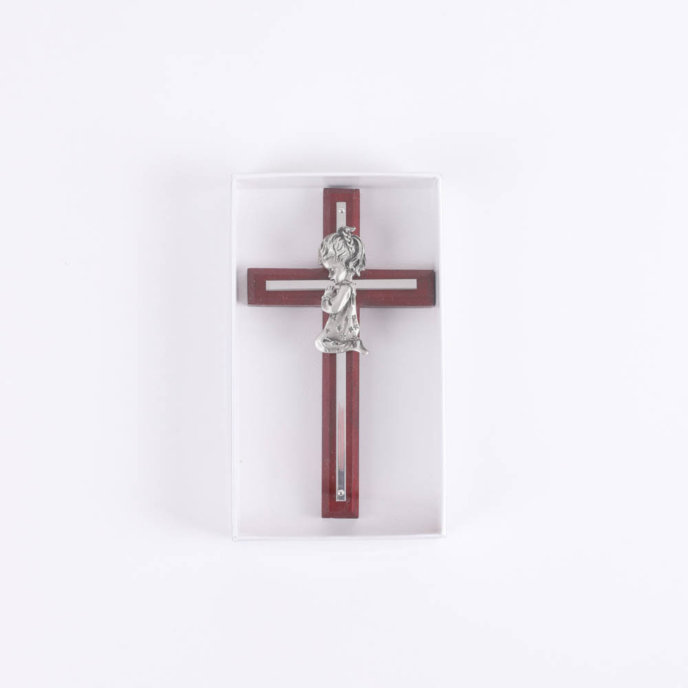 Wall Cross Cherry Wood with Stainless Steel Praying Girl