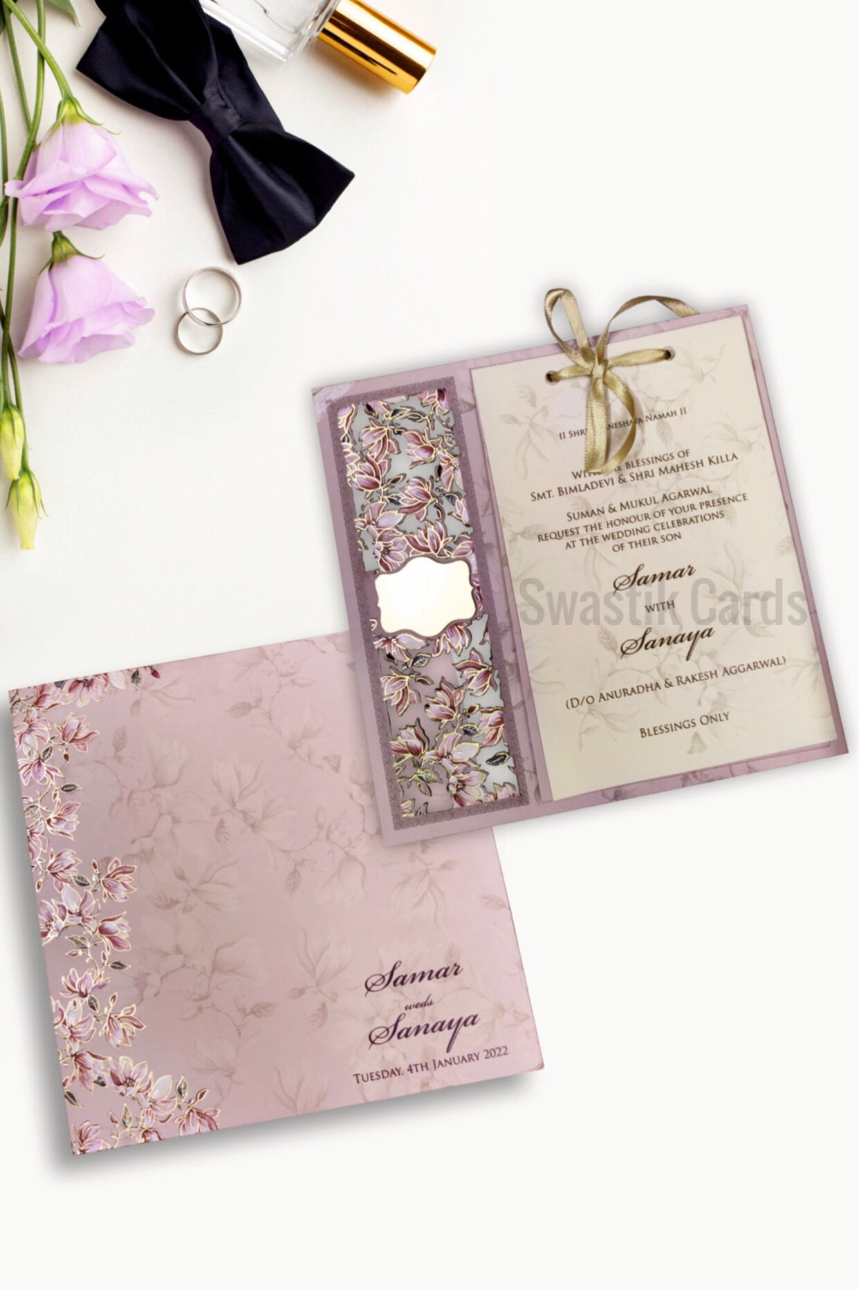 Mdf laser cut wedding invitation card with 3 inserts Swastik Cards