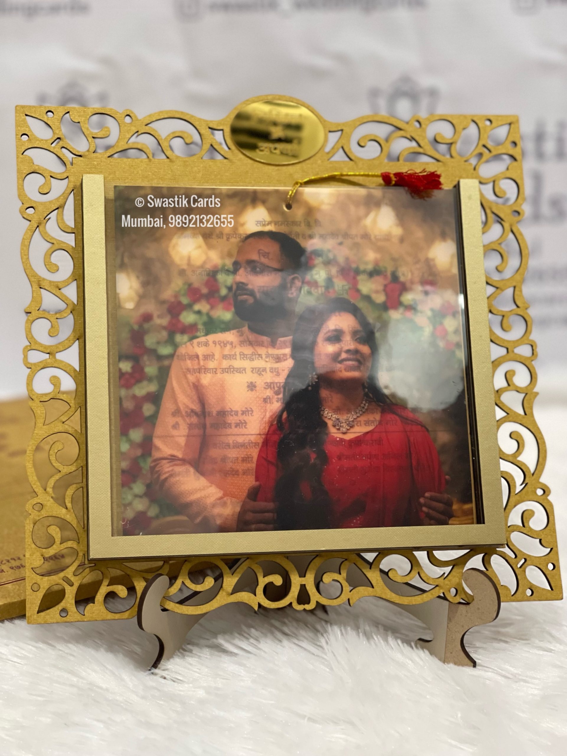 Mdf laser cut photo frame wedding invitation cards Swastik Cards