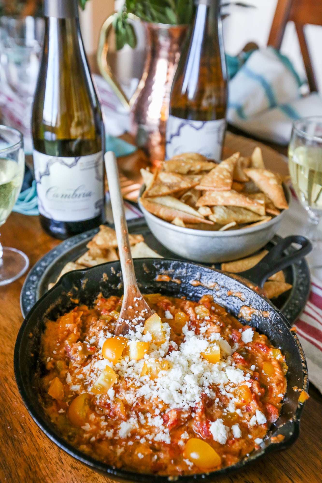 Easy Fried Tortilla Chips and Cheesy Green Chile and Pepper Dip