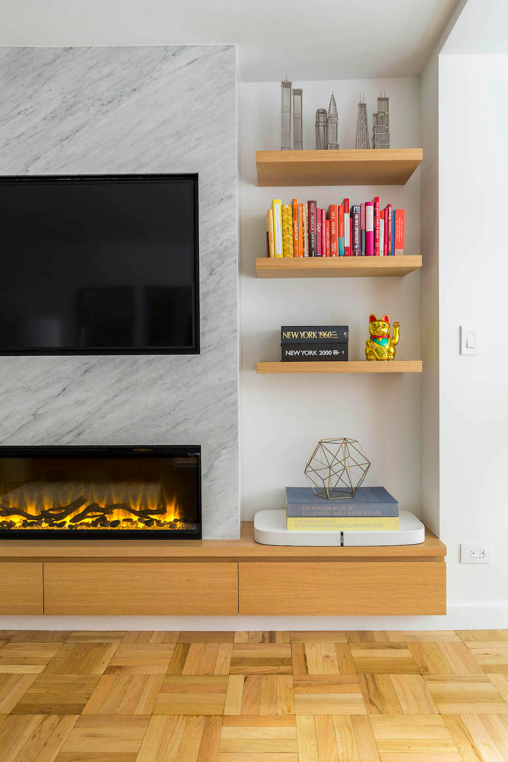Marble Entertainment Center with Wooden Shelves Sweeten
