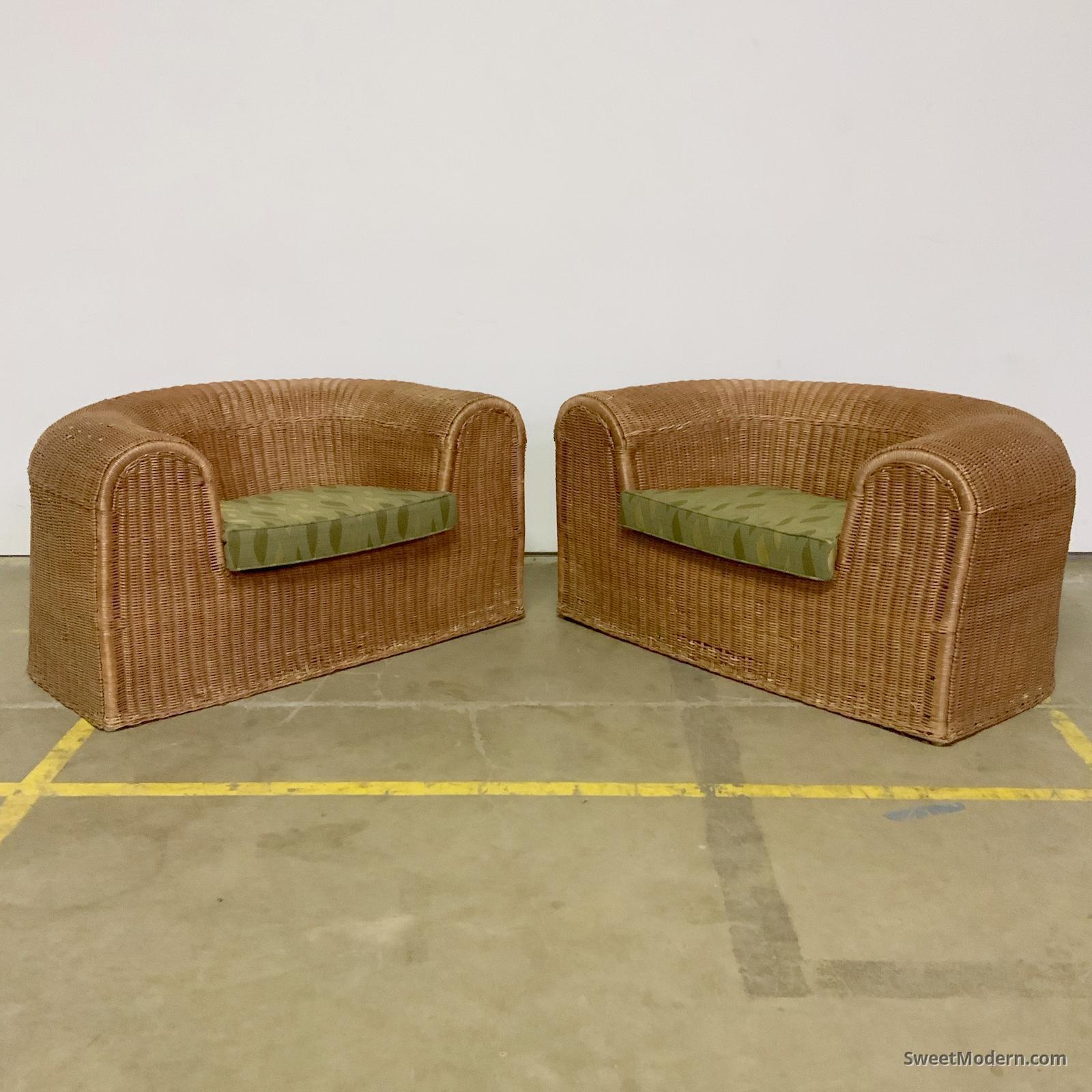 Pair of Low Wicker Rattan Tub Chairs Vintage MCM Chairs & Chaises For Sale Sweet Modern