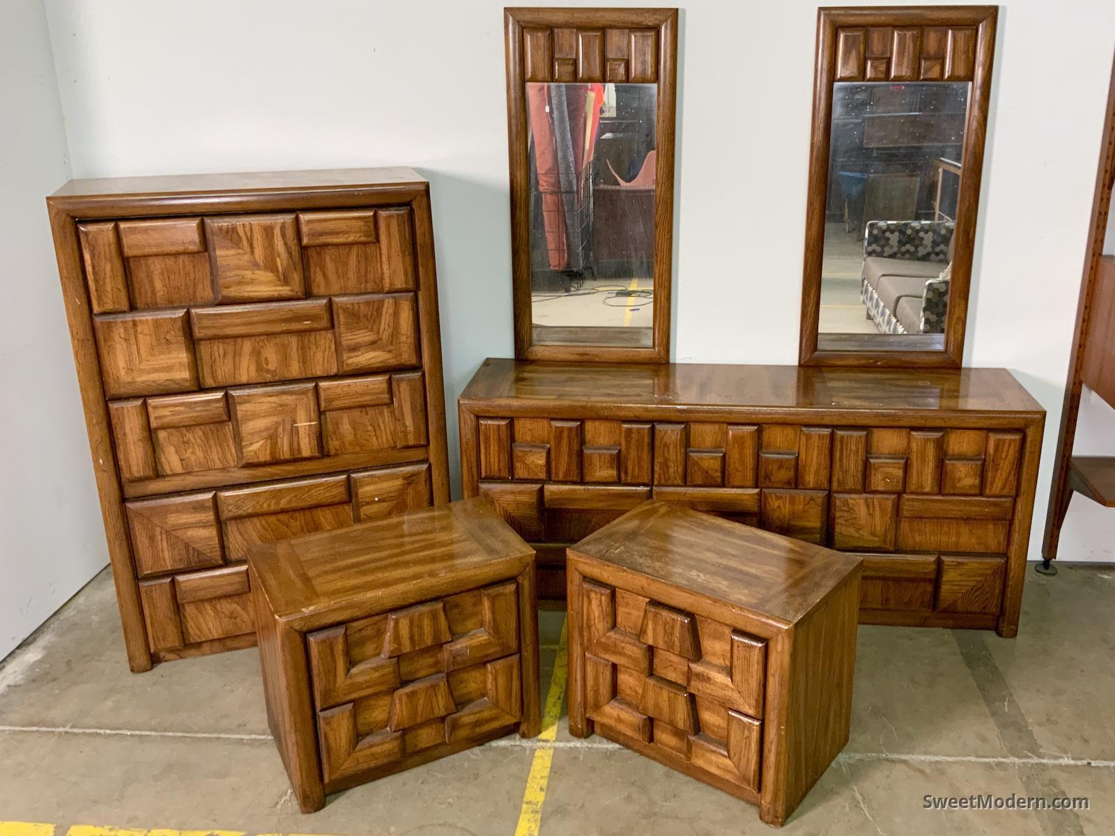 Chunky Brutalist Bedroom Set with Cubist Design Midcentury Bedroom