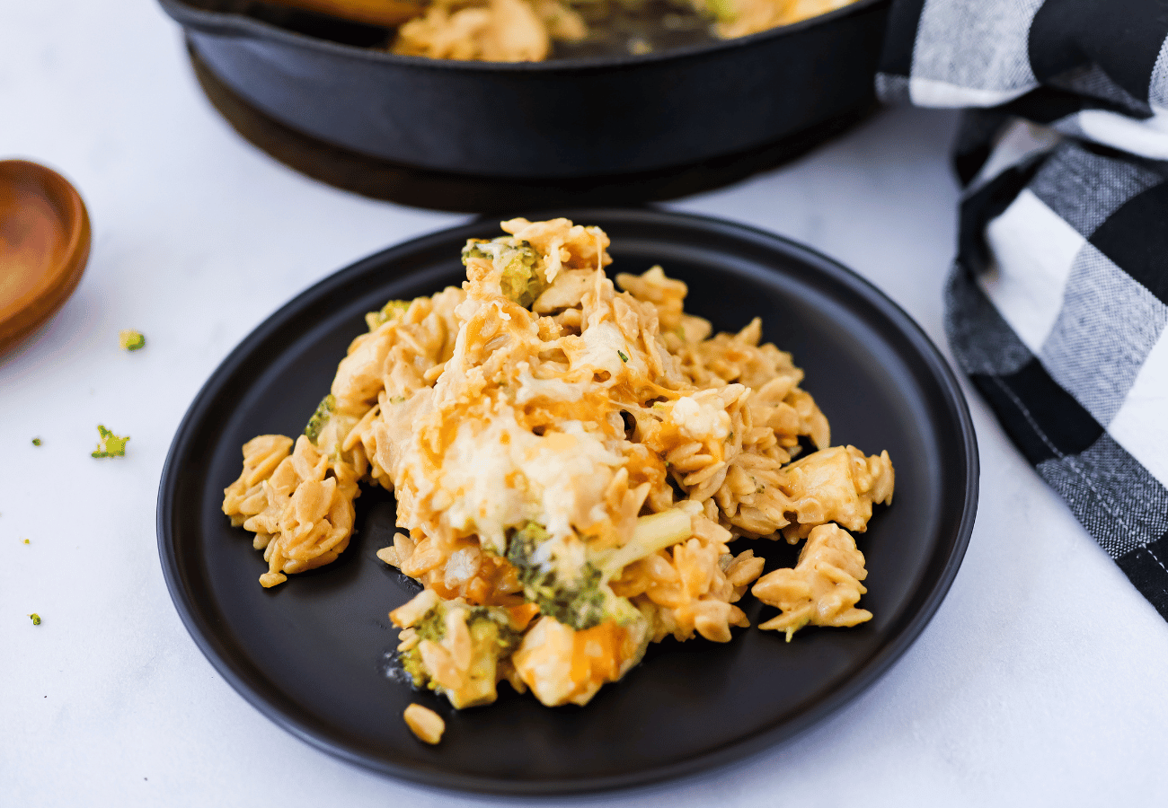 One Skillet Chicken and BroccoliCheddar Orzo Bake Sweet New Roots