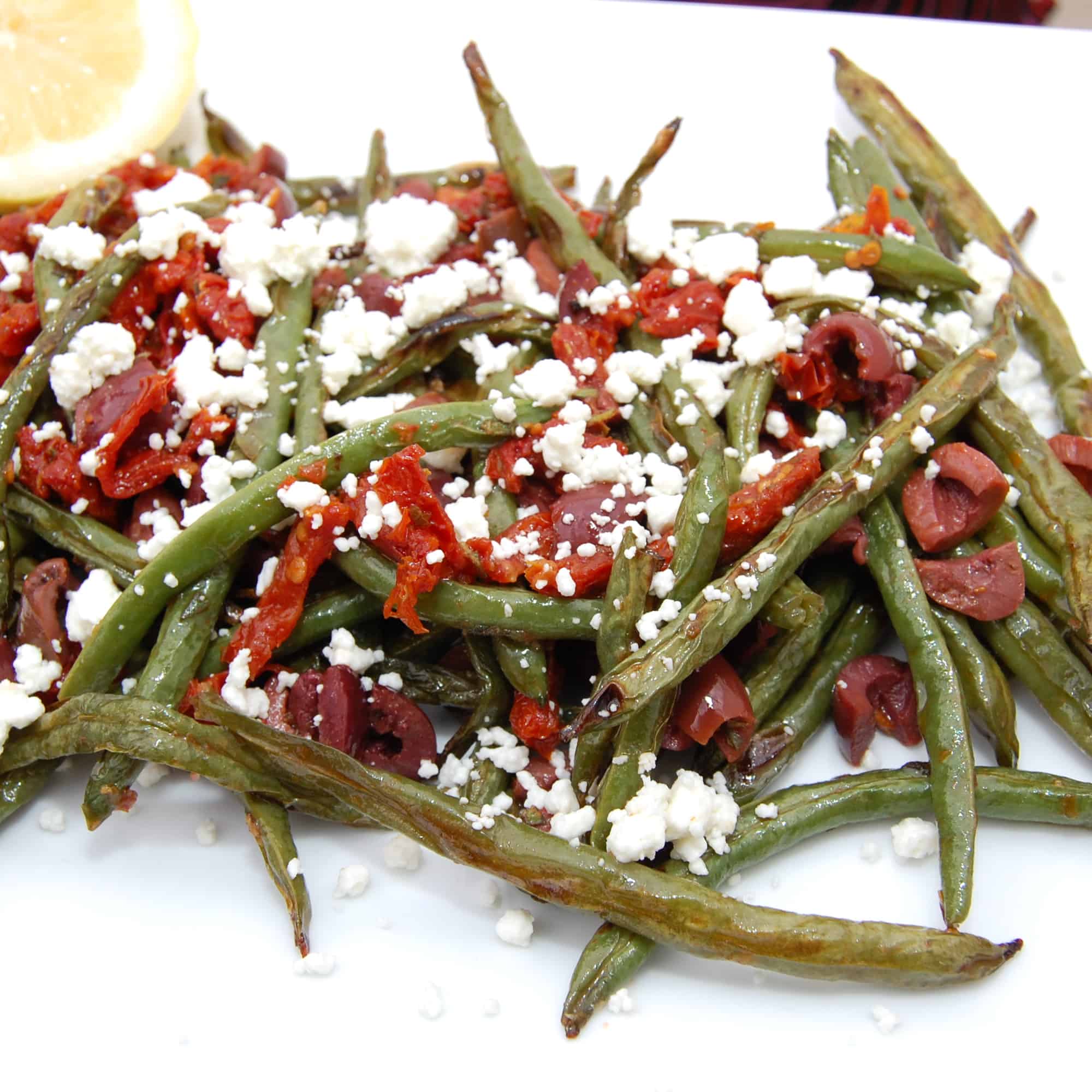 Roasted Green Beans with Olives, Sundried Tomatoes and Goat Cheese