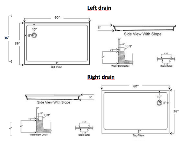 Cultured Marble Shower Bases 36” X 60” Corner Drain Shower Walls