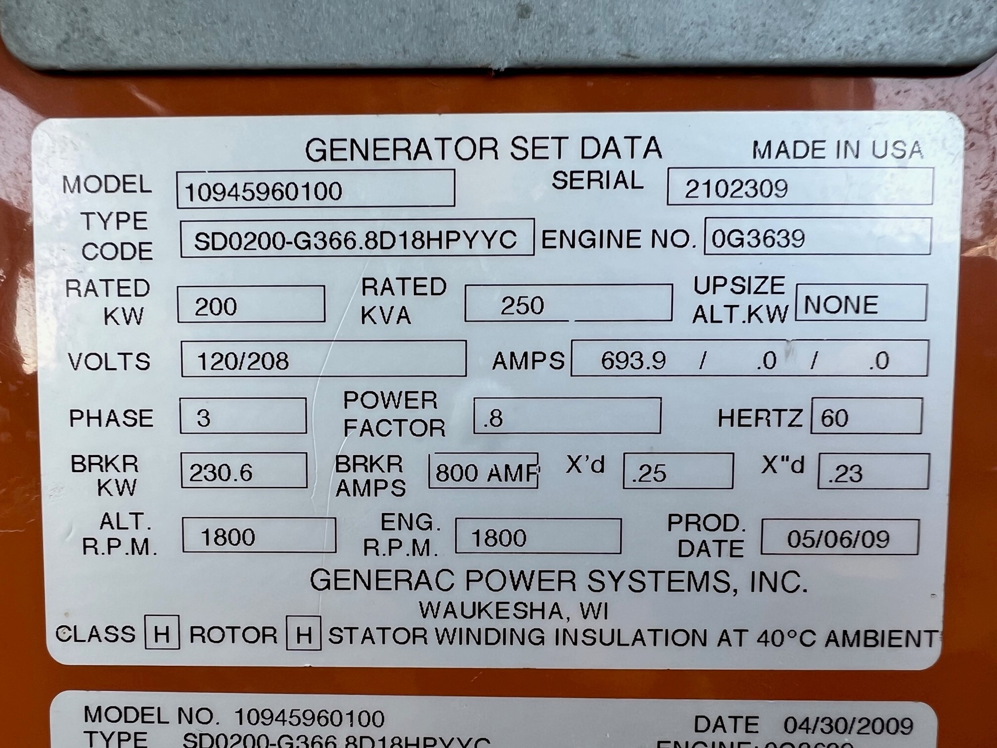 Low Hours Generac SD200 Diesel Generator 200 2102309