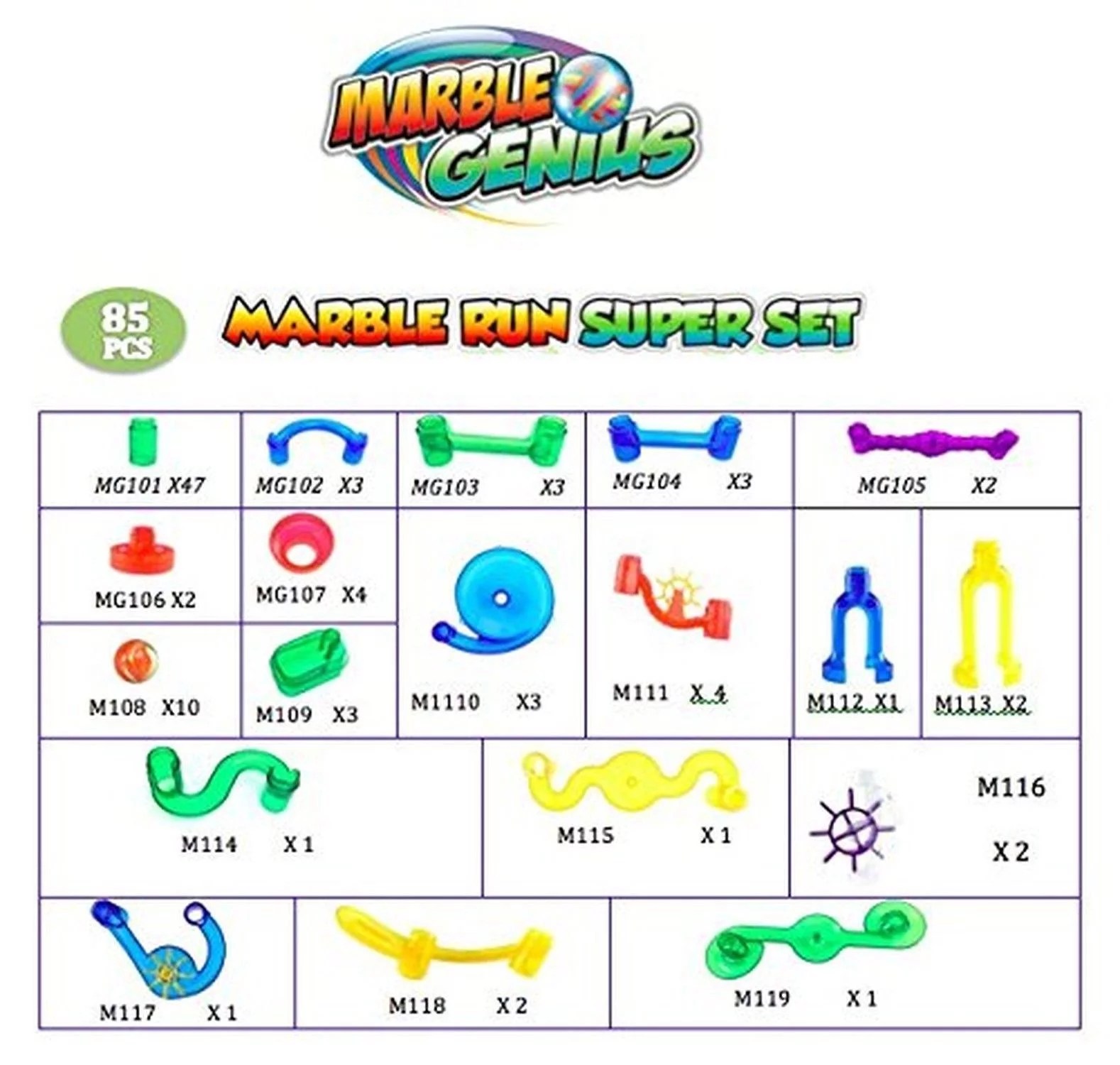 Marble Genius Marble Run Super Set 85 Marbulous Pieces + 15 Glass