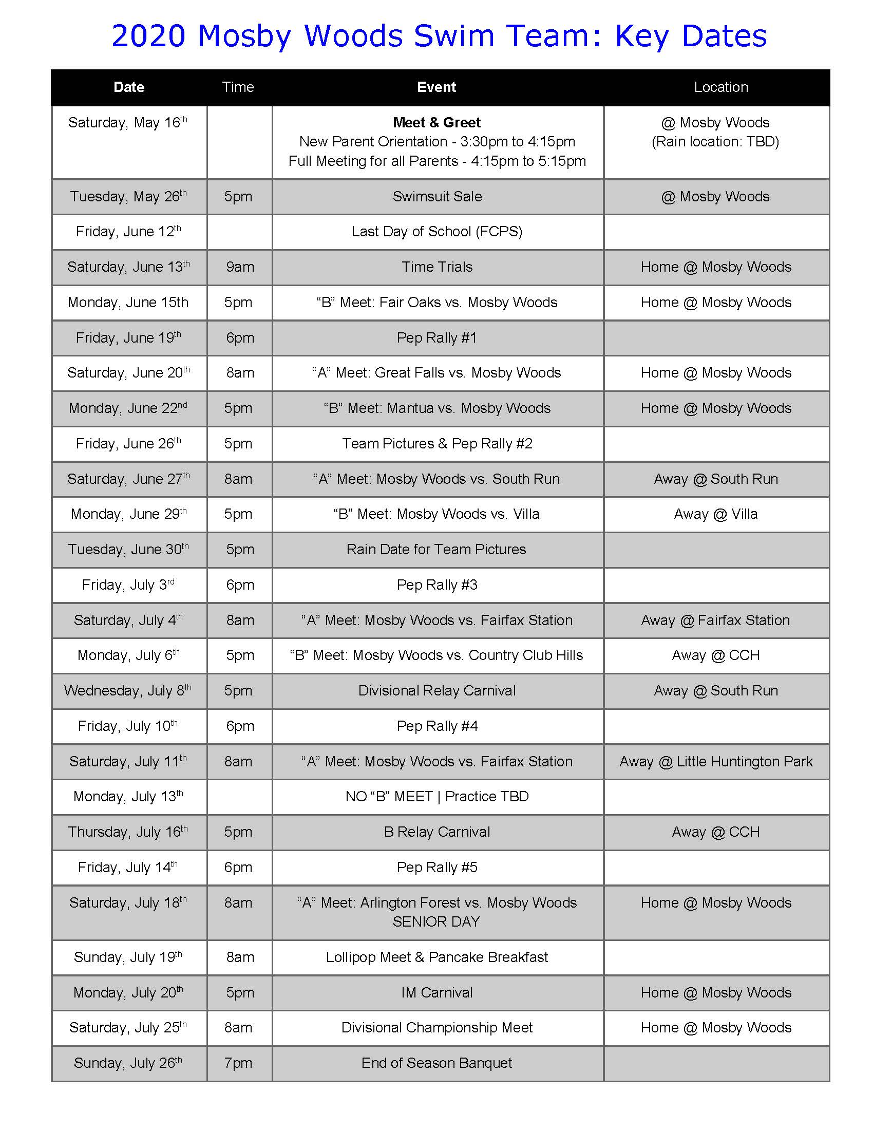 Season Schedule Mosby Woods Swim Team