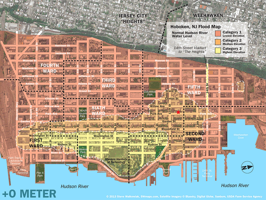 New Hoboken Flood Map with Water Levels, Post Hurricane Sandy