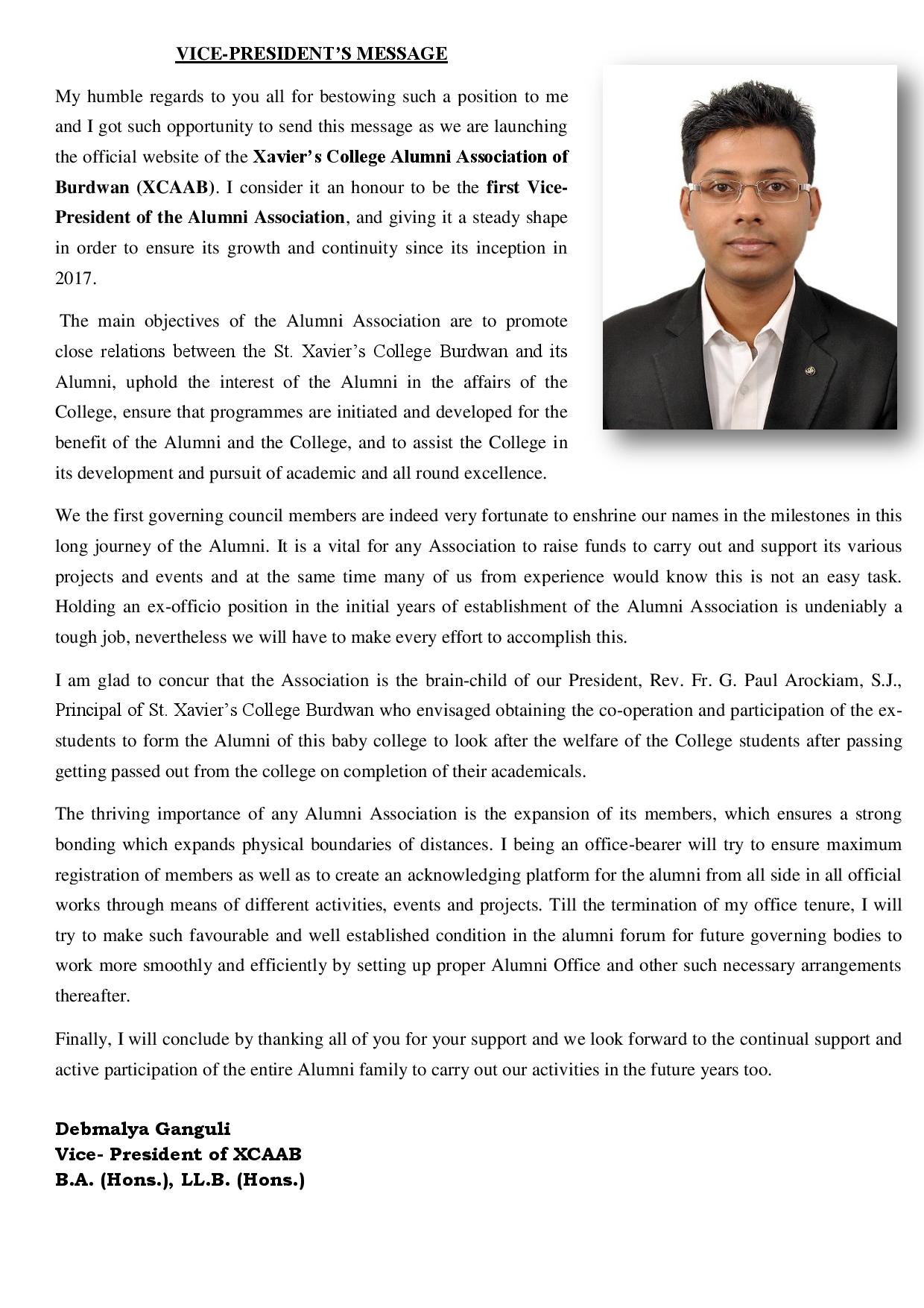 St.Xaviers College, Burdwan,Sripally Vice President's Message