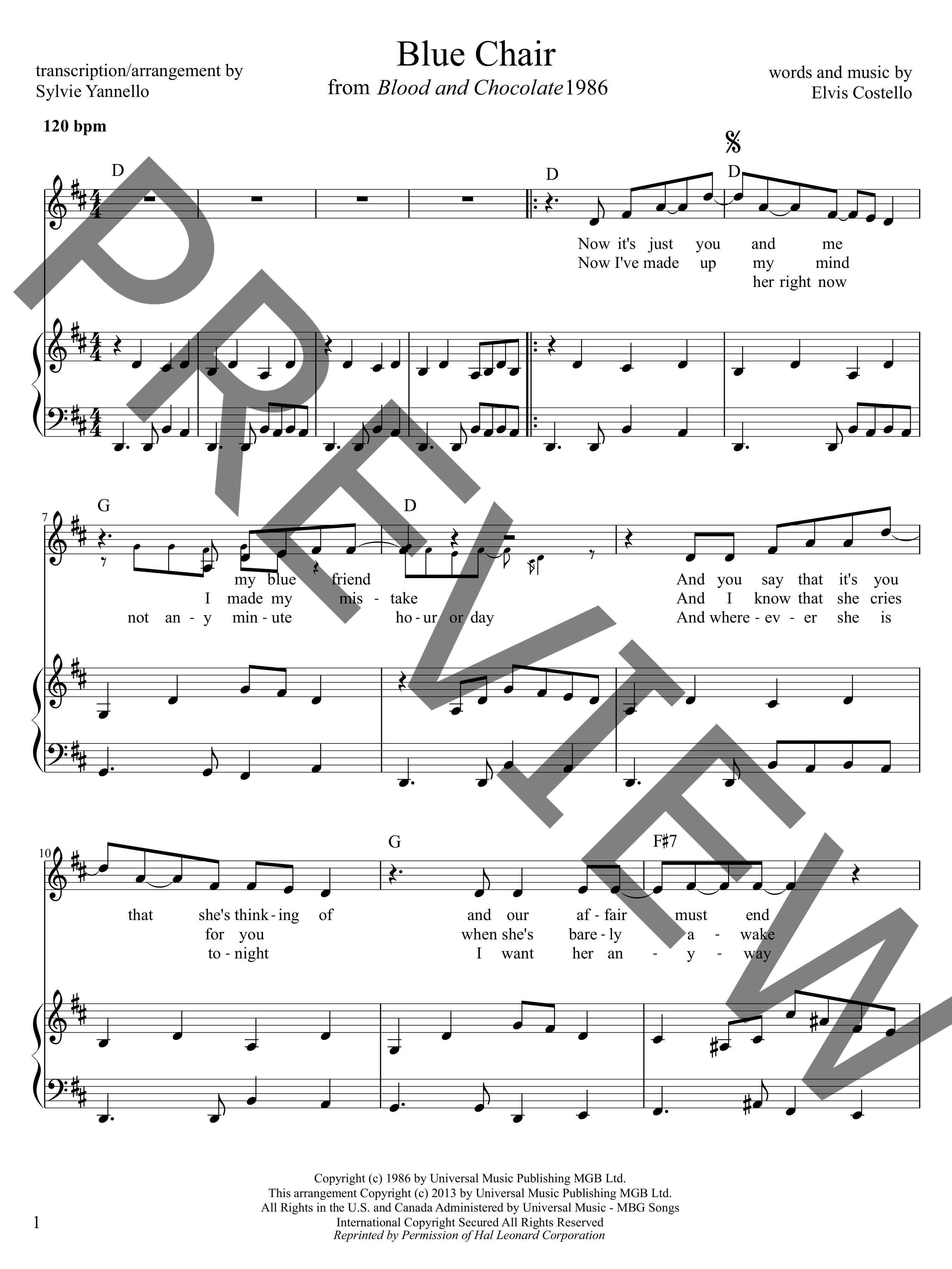 Elvis Costello Transcriptions Piano/Vocal/Chord Arrangements Sylvie