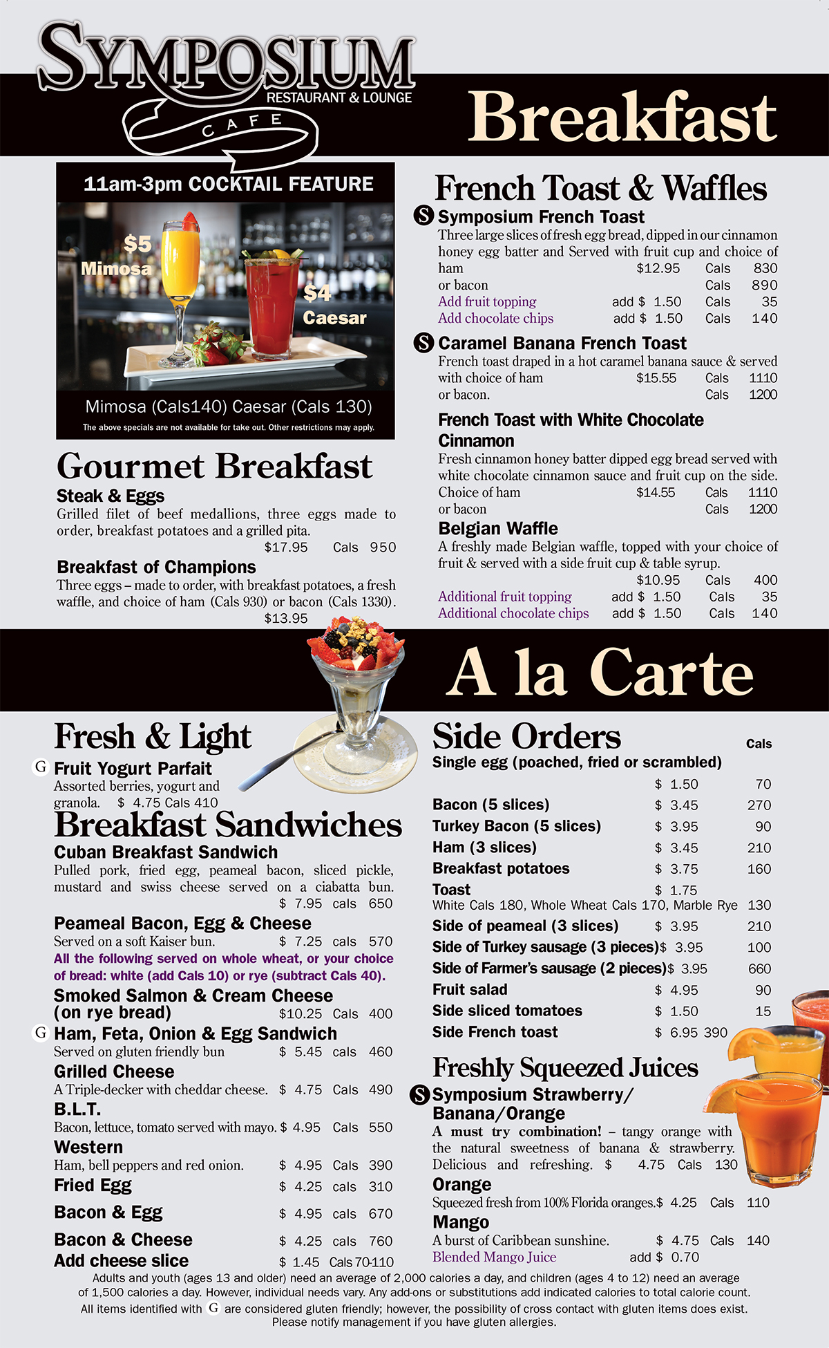 Breakfast & Brunch menu at Symposium Cafe Restaurants