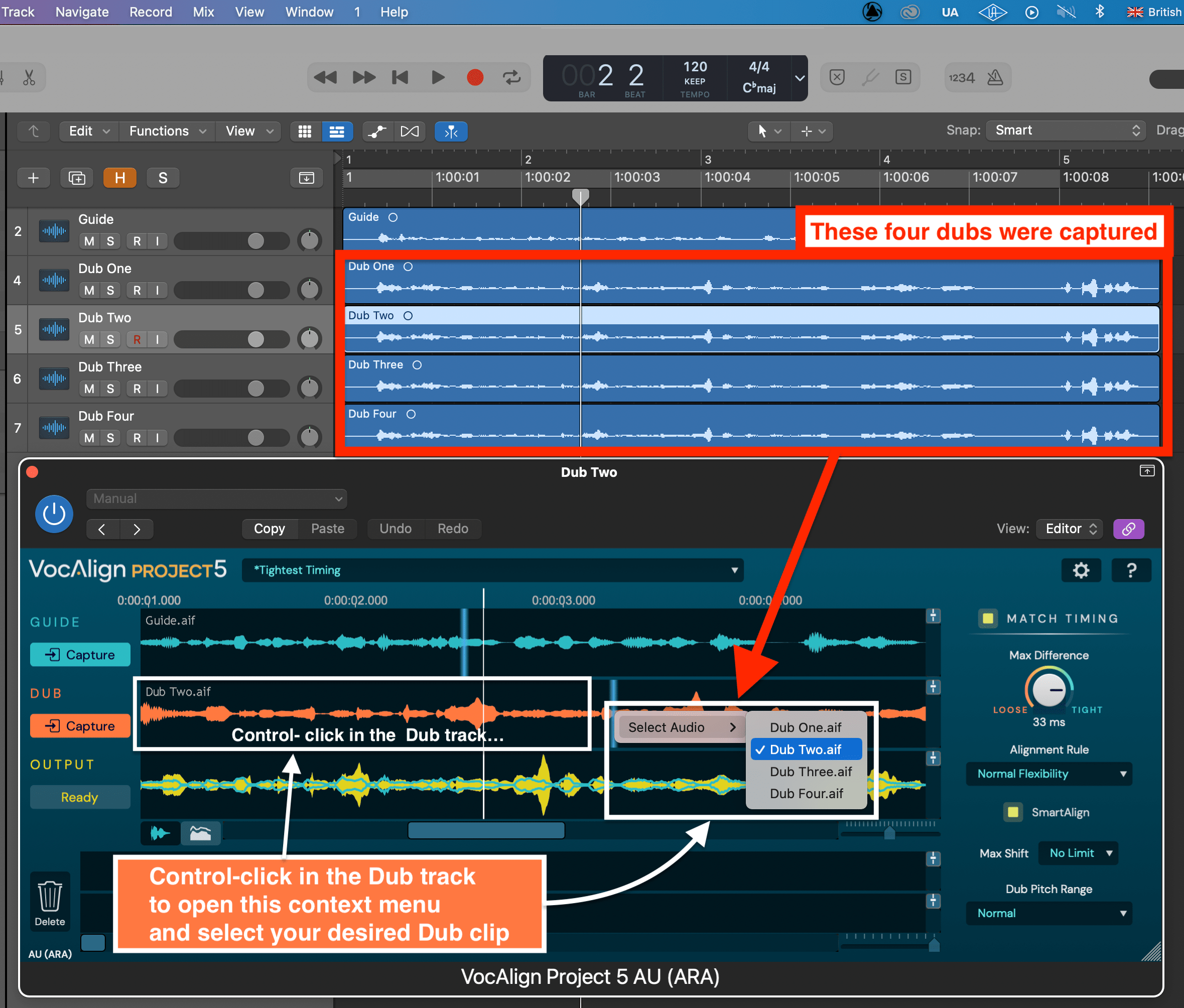 Is there a way to see multiple Dub tracks in the VocAlign plugin window at the same time in