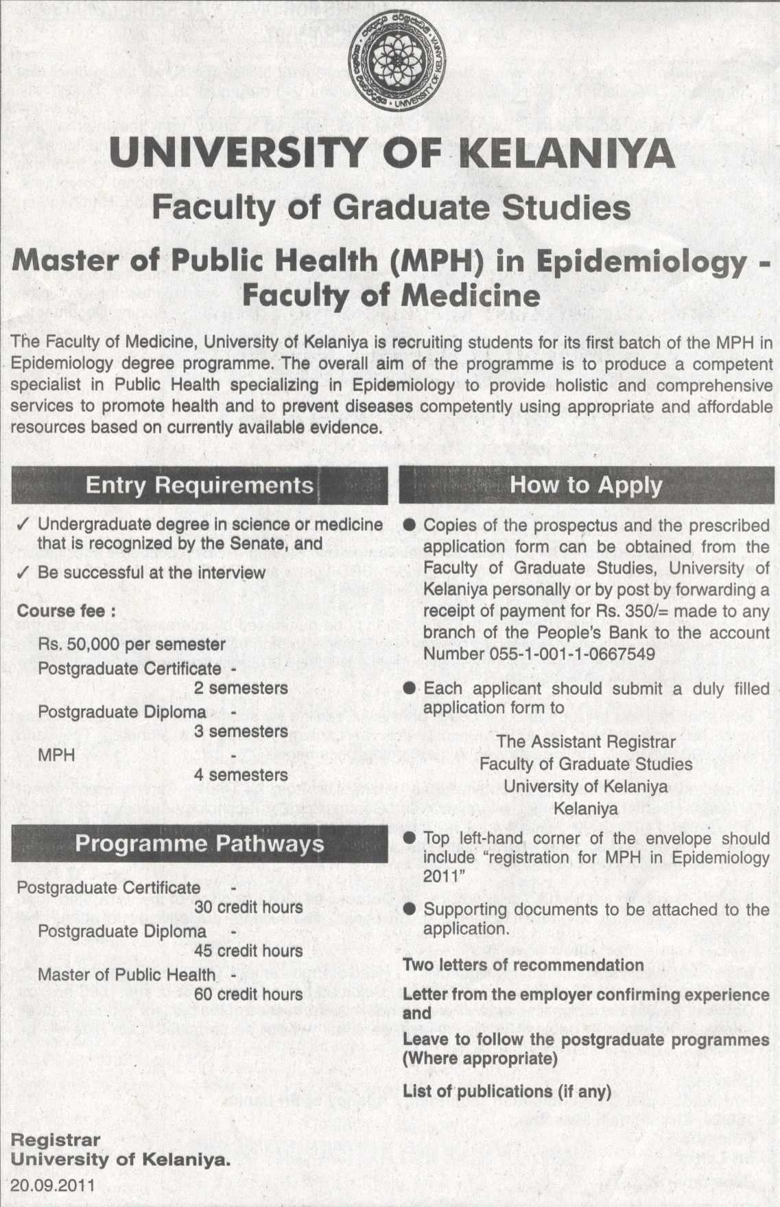 Master of Public Health (MPH) in Epidemiology by University of Kelaniya