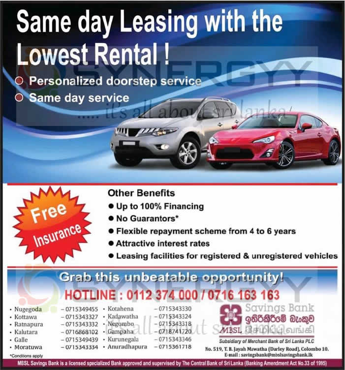 Quick Leasing in Srilanka from MBSL SynergyY