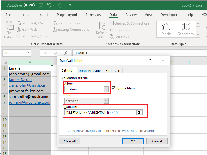 Excel Email Validation with Data Validation Tools Syntax Byte