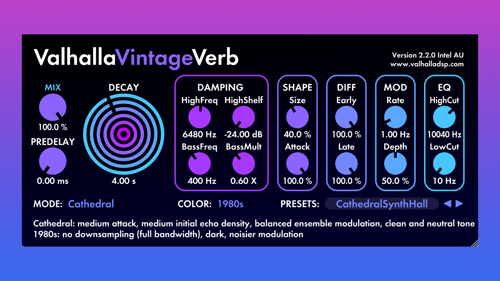 ValhallaDSP VintageVerb 2.2.0, new free update adds Cathedral algorithm