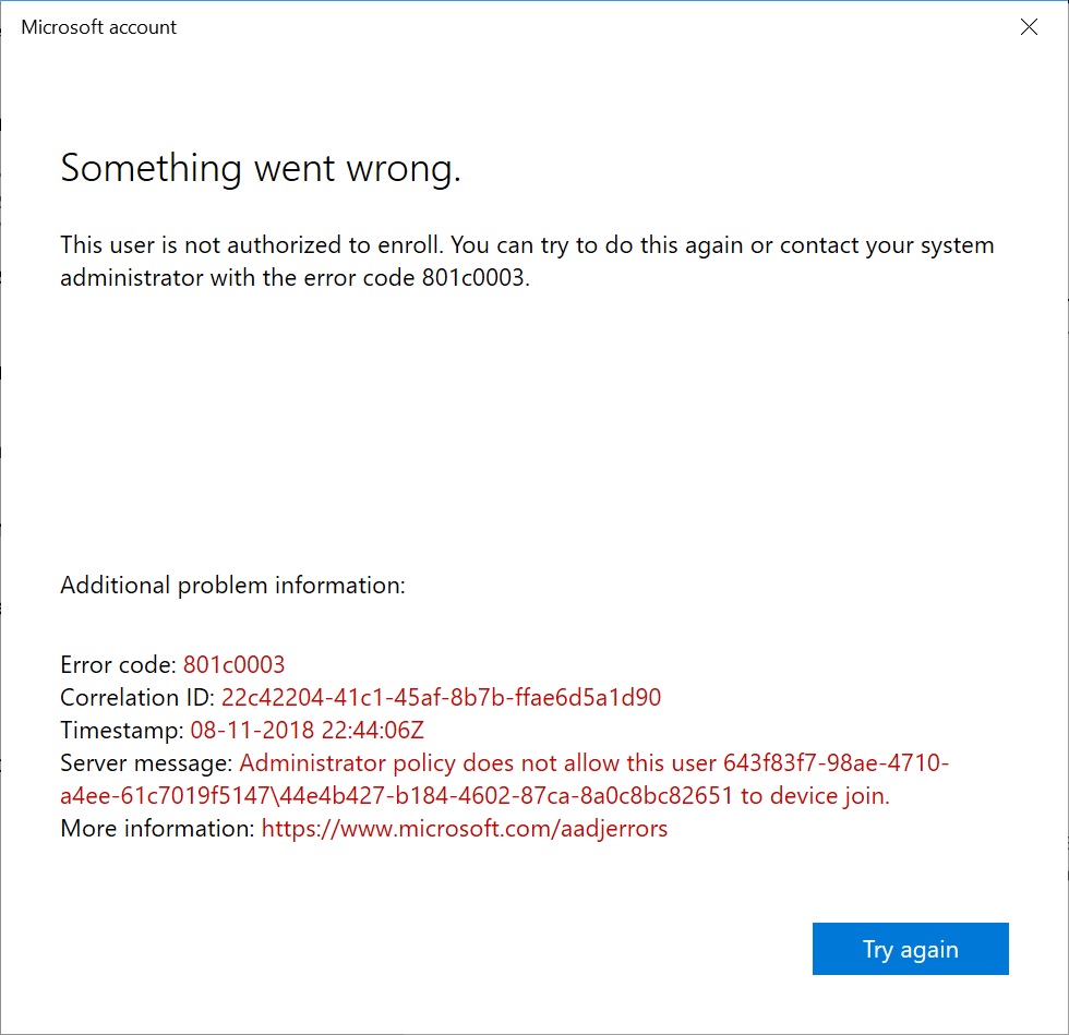 Error 801c0003 when joining computer to Azure AD System Management