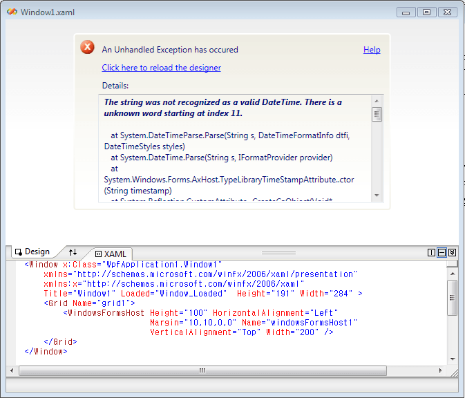 오류 유형 56. WPF 디자이너 The string was not recognized as a valid DateTime