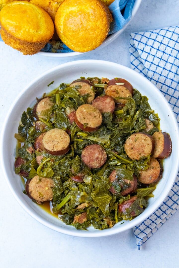 Southern Mustard Greens with Sausage and Bacon System of a Brown