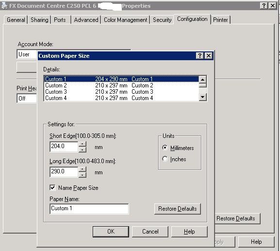 Set Custom Paper Size Fujixerox Document Centre C250