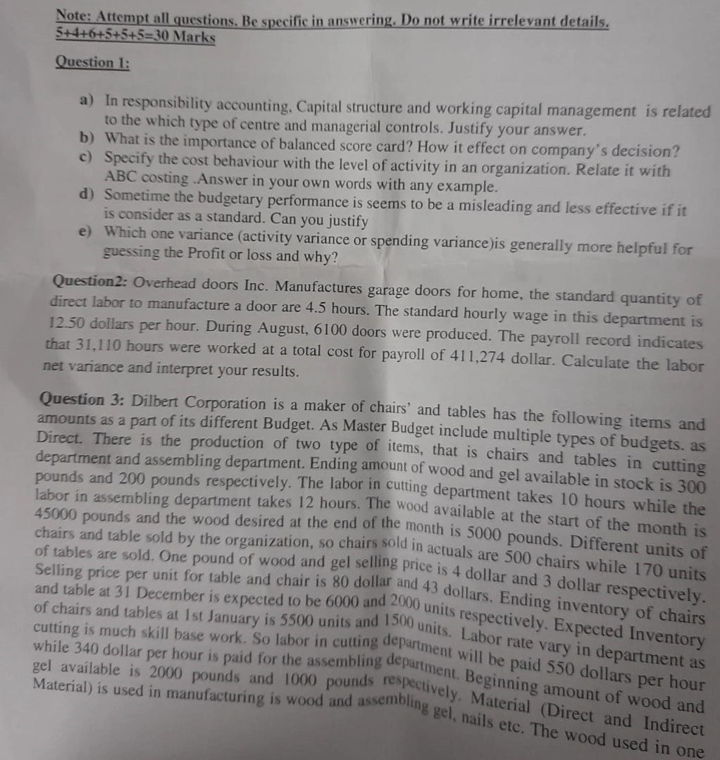 Past Papers of Managerial Accounting