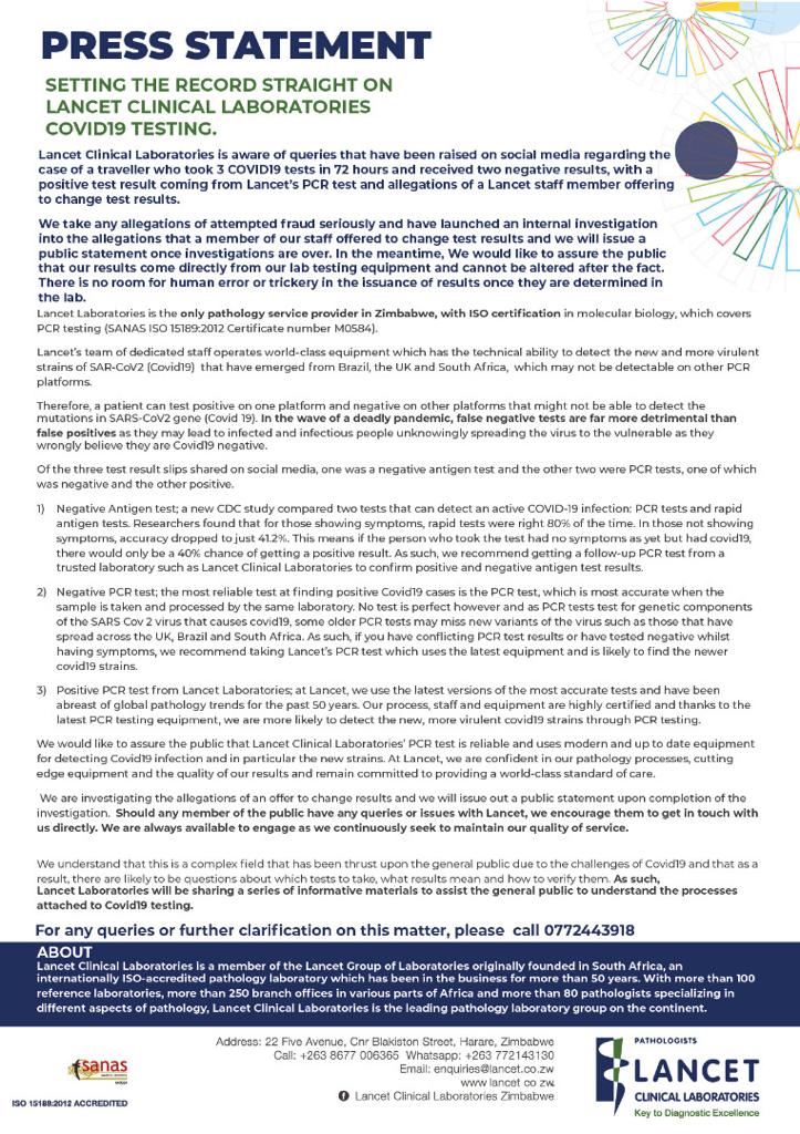 FULL TEXT We Are Investigating The Issue Lancet Laboratories Respond