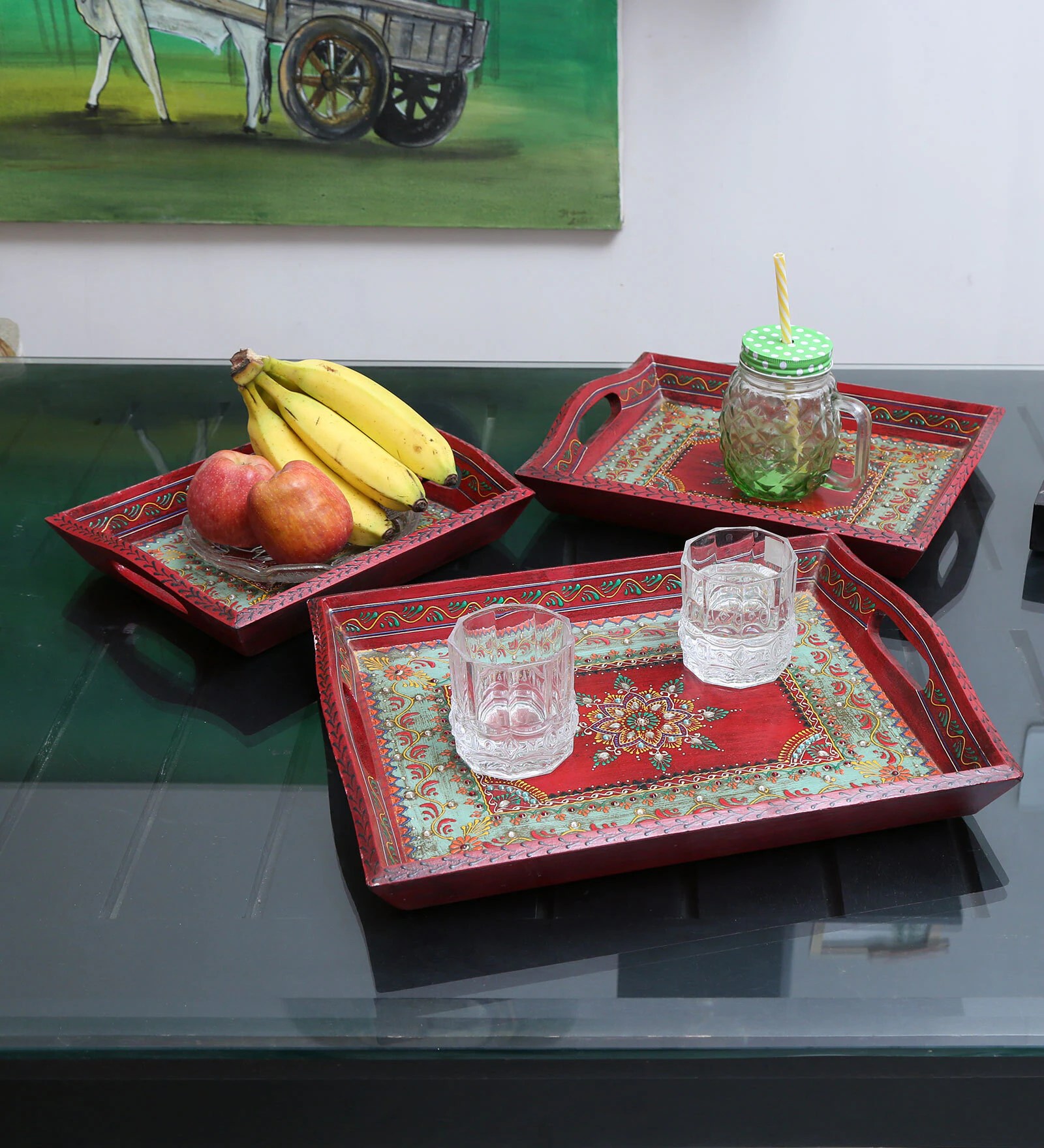 HandPainted Wooden Serving Tray Set of 3 Serving Tray Set / Table