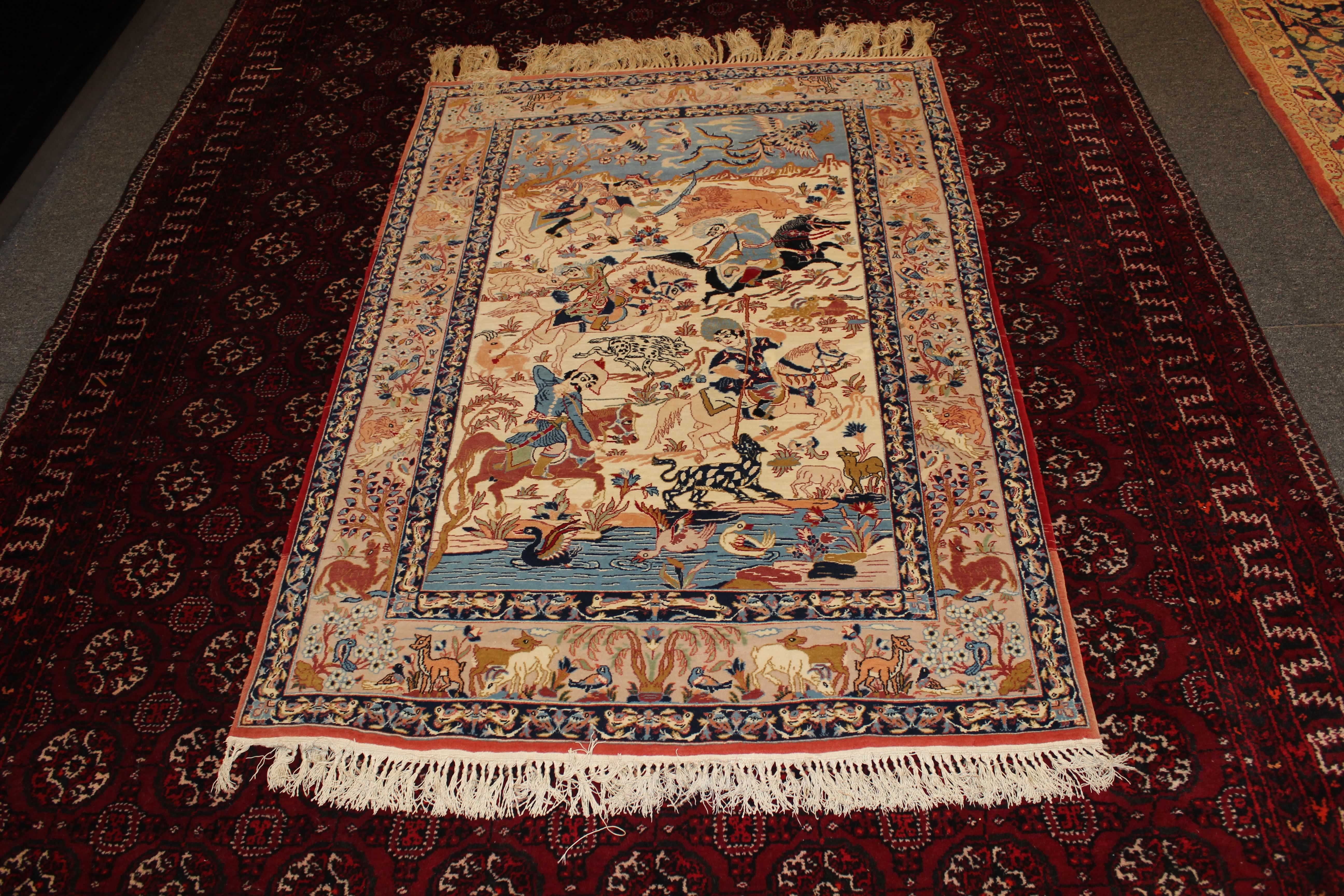 Isfahan Wool on Silk Persian Rug Hunting Scene Animals 3.5 X 5.5 Taba