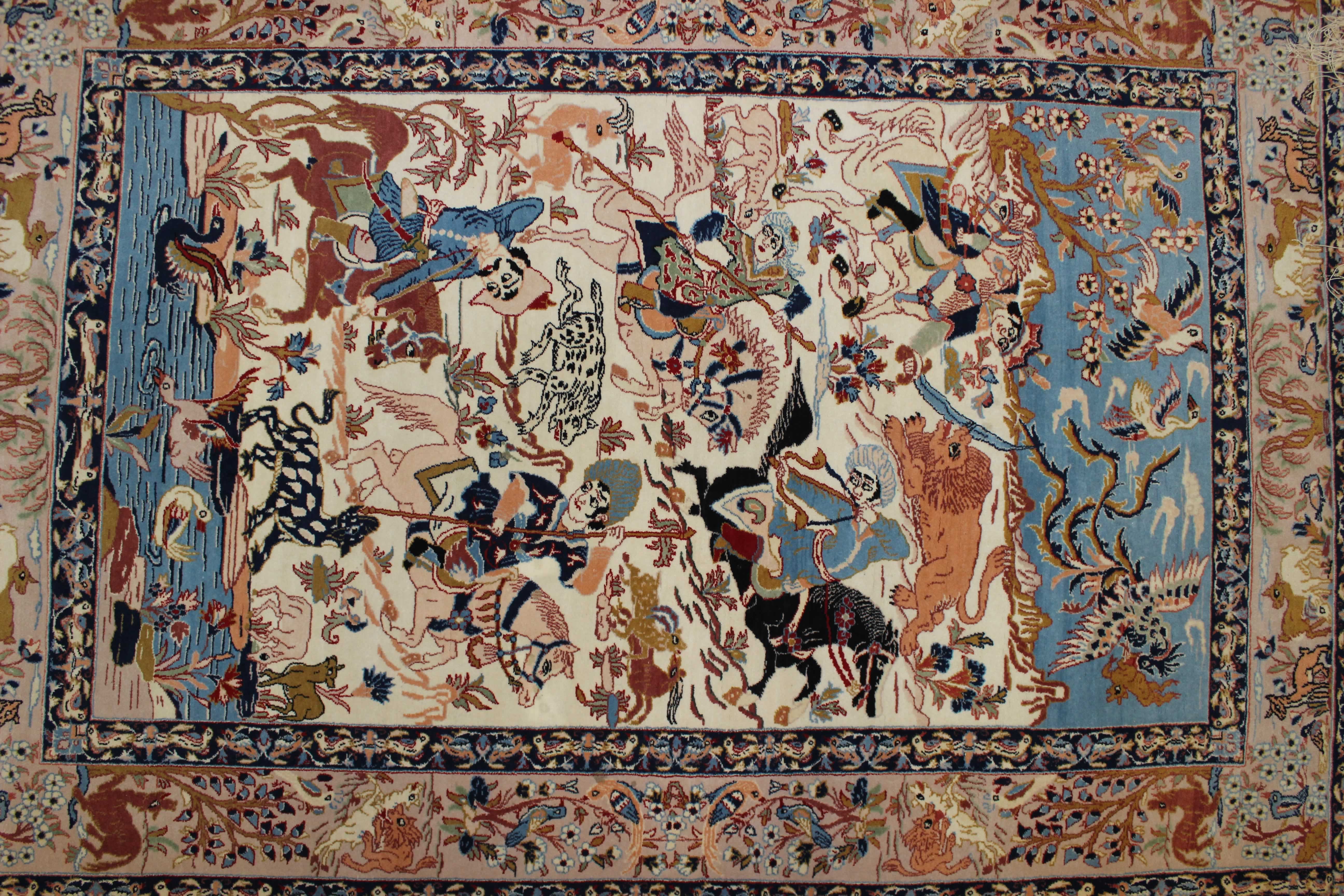 Isfahan Wool on Silk Persian Rug Hunting Scene Animals 3.5 X 5.5 Taba