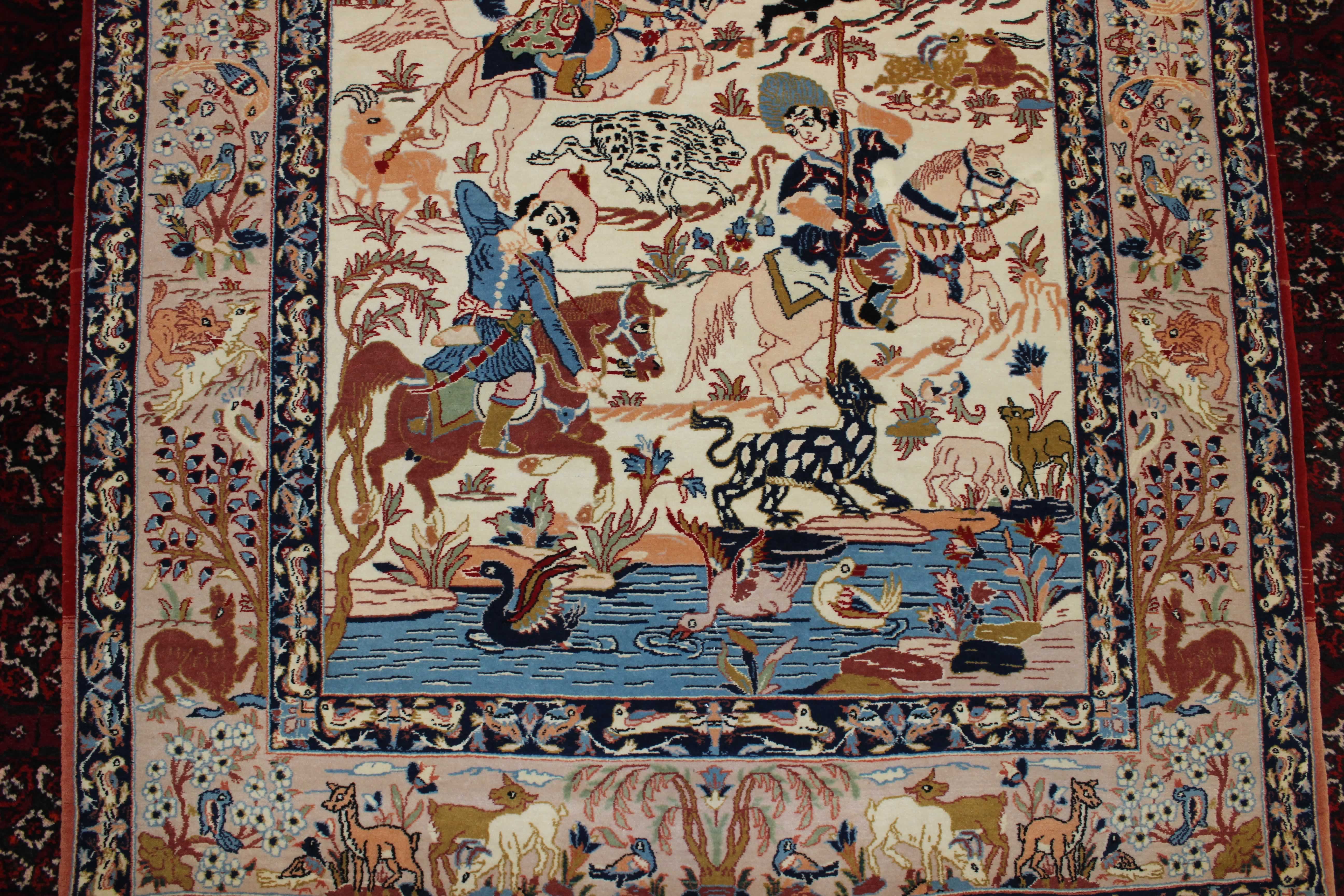 Isfahan Wool on Silk Persian Rug Hunting Scene Animals 3.5 X 5.5 Taba