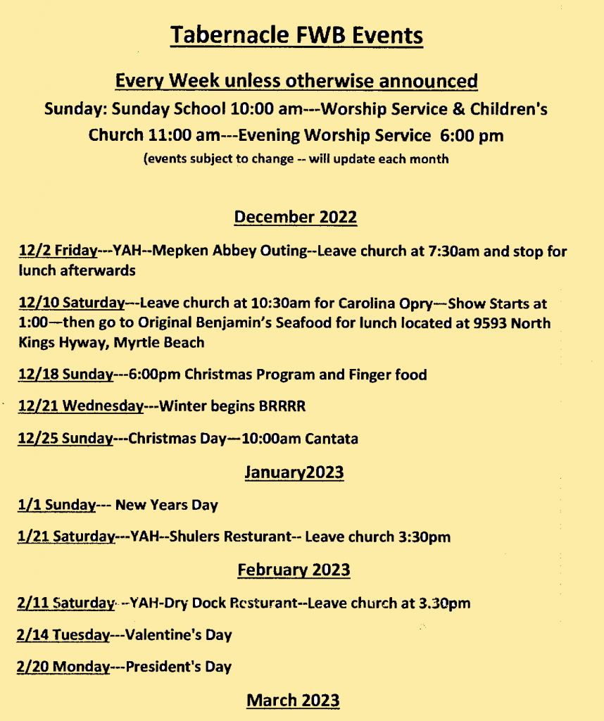 ABOUT US Tabernacle FWB Church, Coward, SC