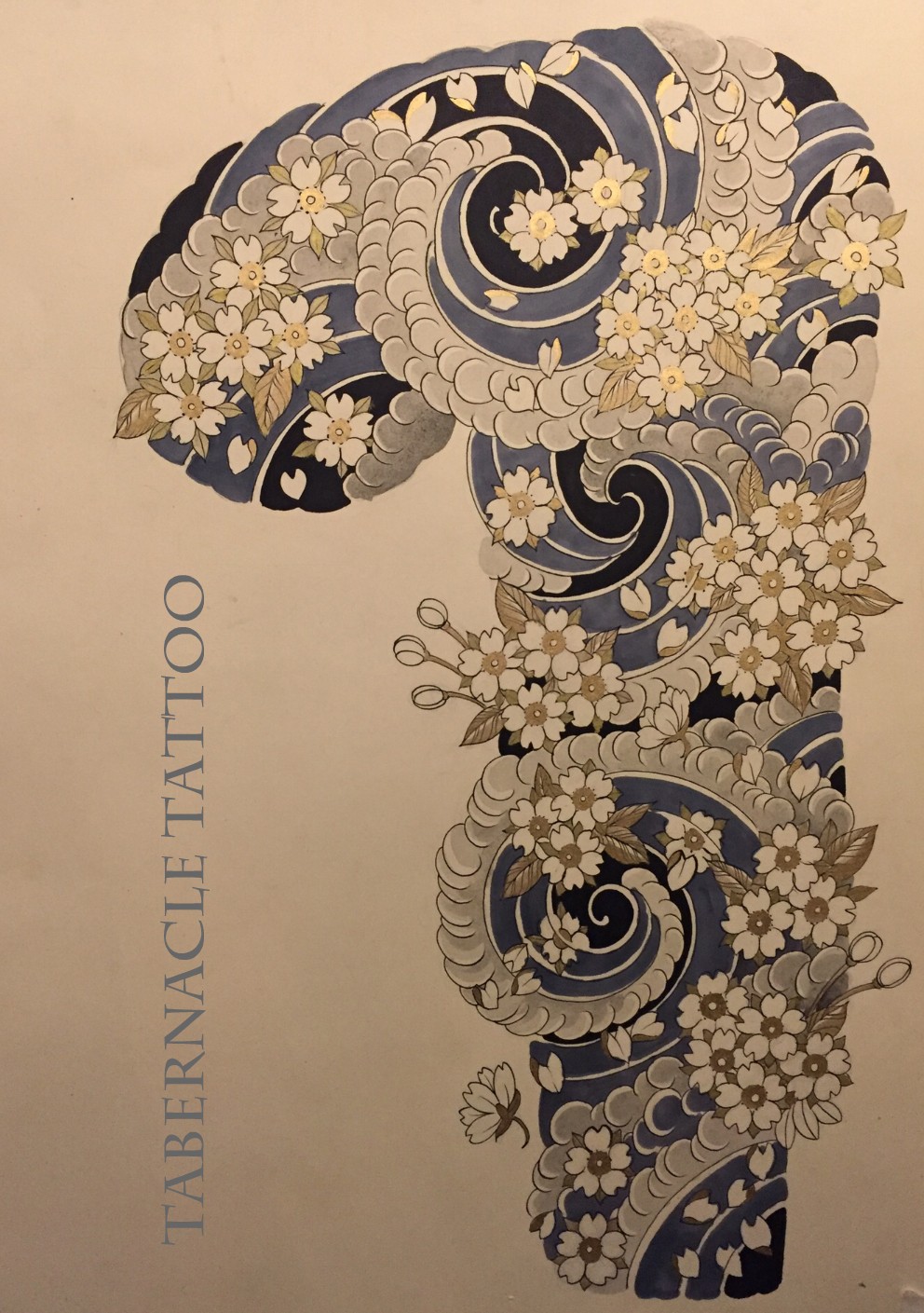 Japanese sleeve tattoo design of cherry blossoms and windbars