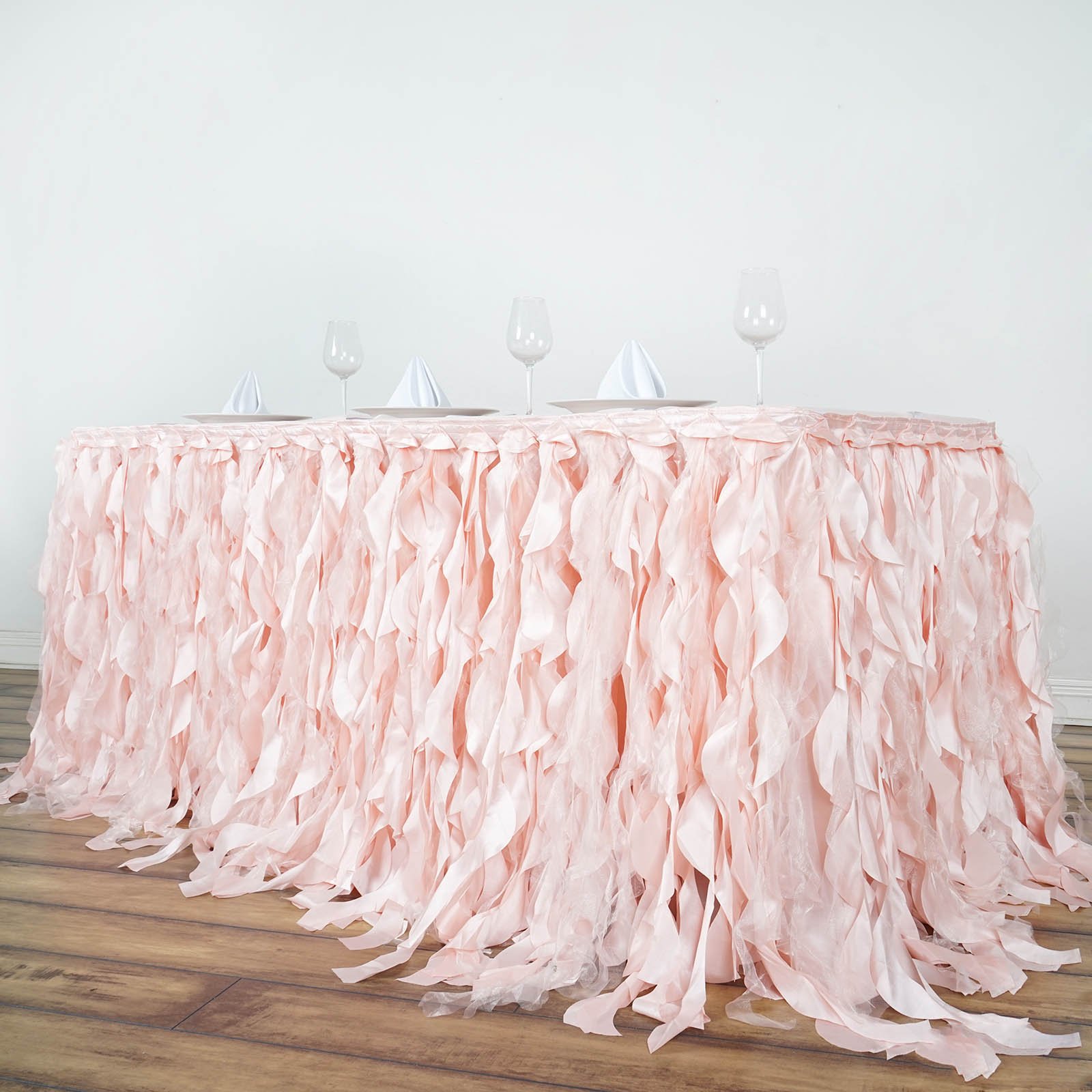 Buy 17FT Rose Gold Blush Curly Willow Taffeta Table Skirt Case of 3