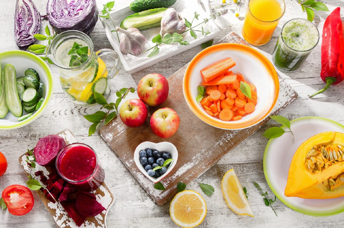 Different fruits, juices and vegetables. Healthy diet detox food
