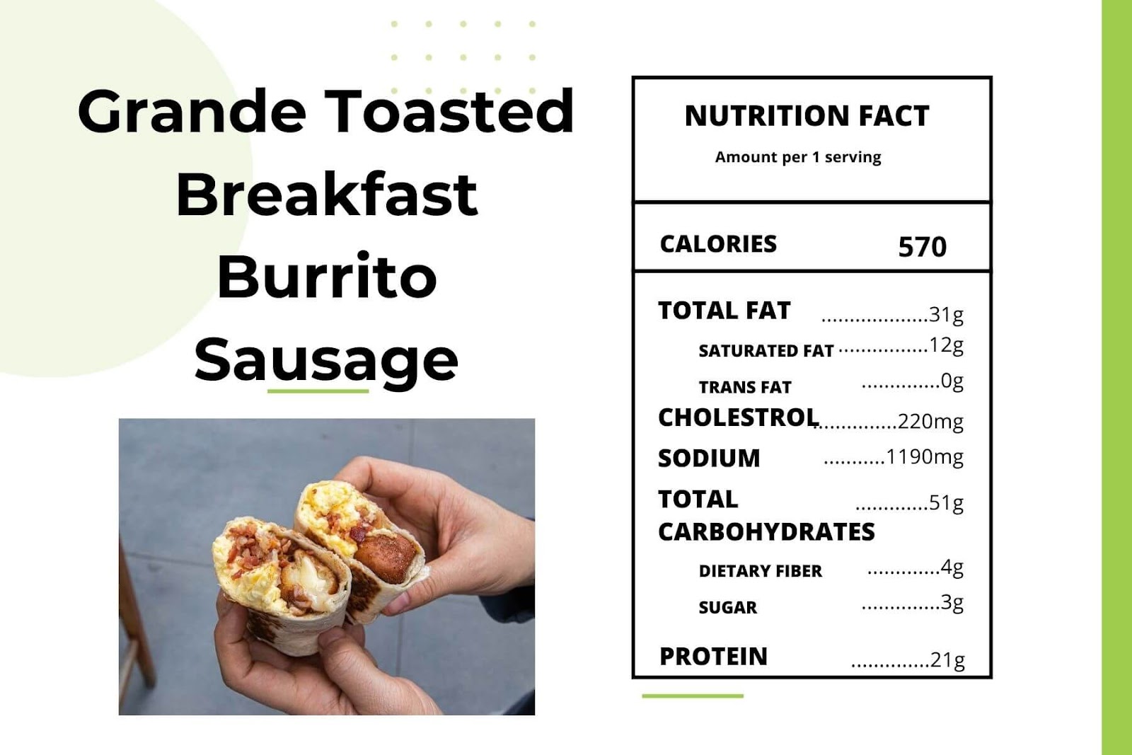 Grande Toasted Breakfast Burrito Sausage Calories, Price in US