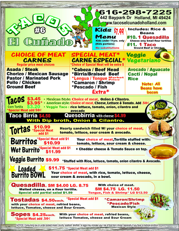 MENU, TACOS EL CUNADO 6, tacos el cunado, authentic mexican food