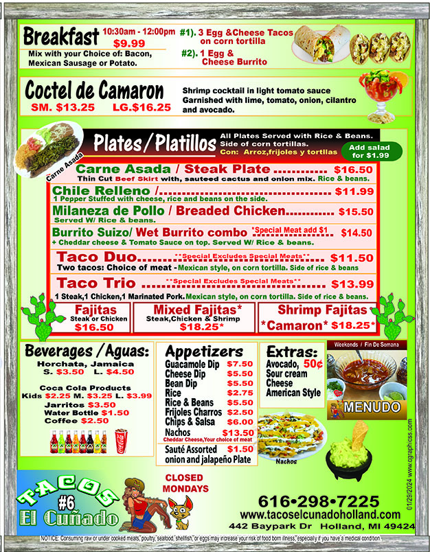 MENU, TACOS EL CUNADO 6, tacos el cunado, authentic mexican food