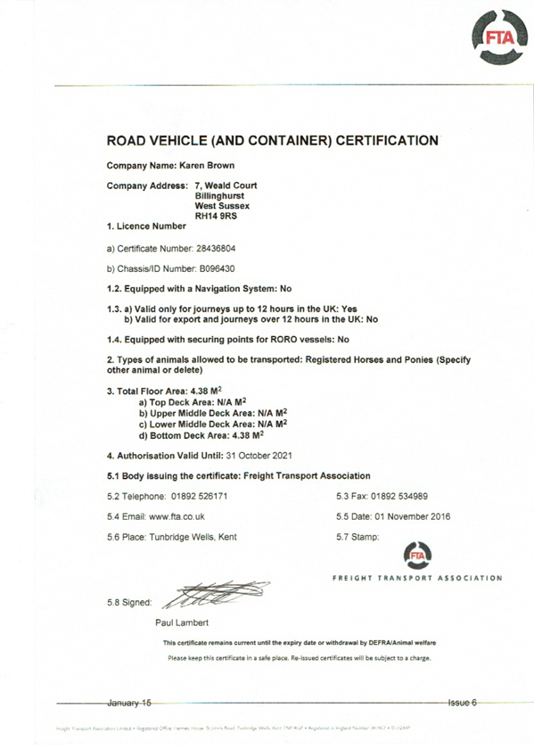 Certificates & Licences Horse Transport & Groom Services